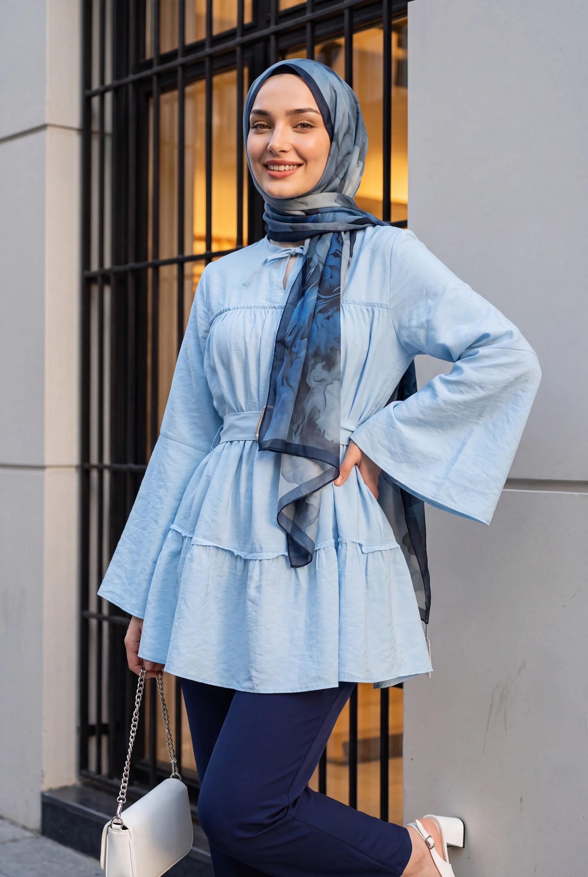 Belted Tie-Neck Tiered Poliviscose Tunic in Light Blue - Podyumplus - by Peralane - photo 5