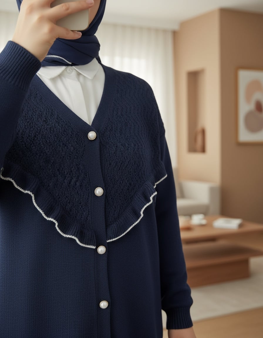 Ruffle Trim Button Front Knit Cardigan - Indigo - Podyumplus - by Peralane - photo 3