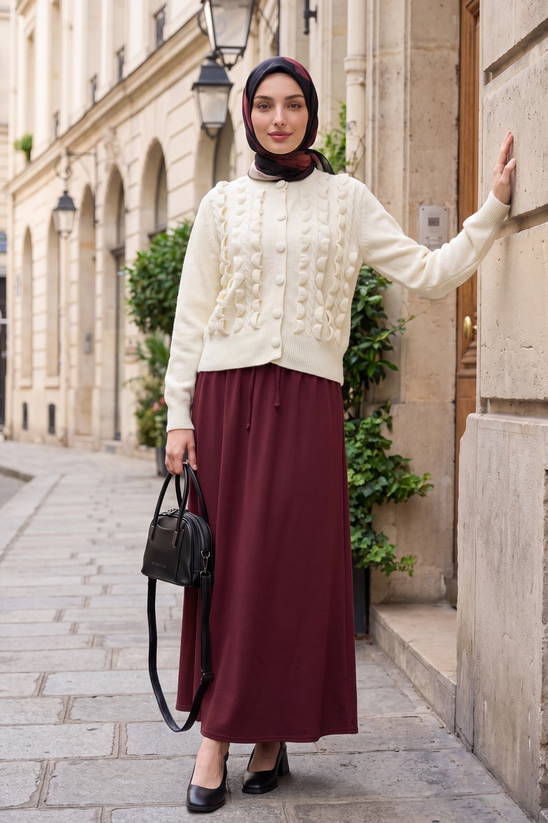 Cream Cable Knit Cardigan with Ruffled Button Placket - Podyumplus - by Peralane - photo 3