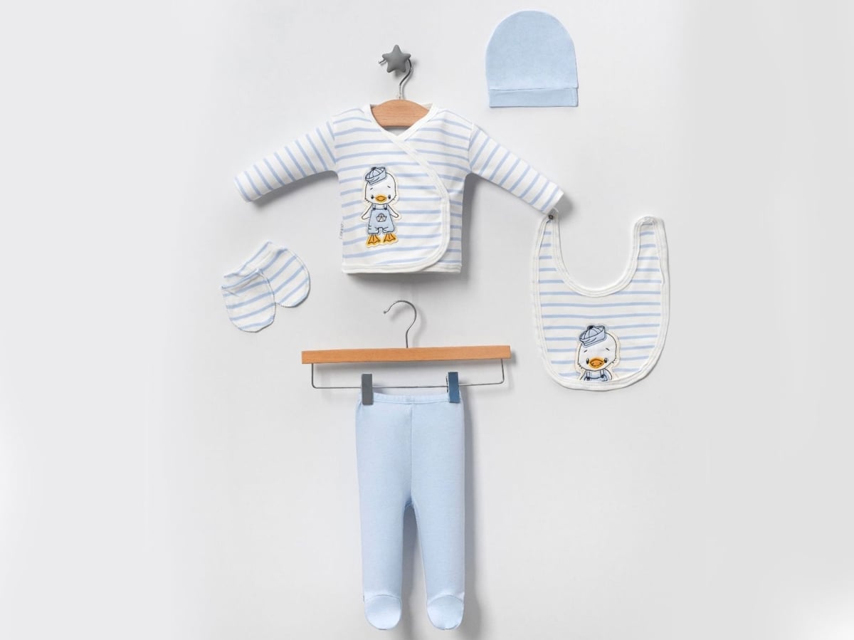 Boys' Embroidered Duck 5-Piece Newborn Hospital Exit Set - Light Blue Striped - Baby Zuhu - by Peralane