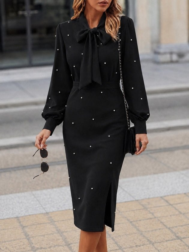 Women's Long-Sleeve Pussy Bow Midi Dress with Pearl Embellishments - Janes - by Peralane