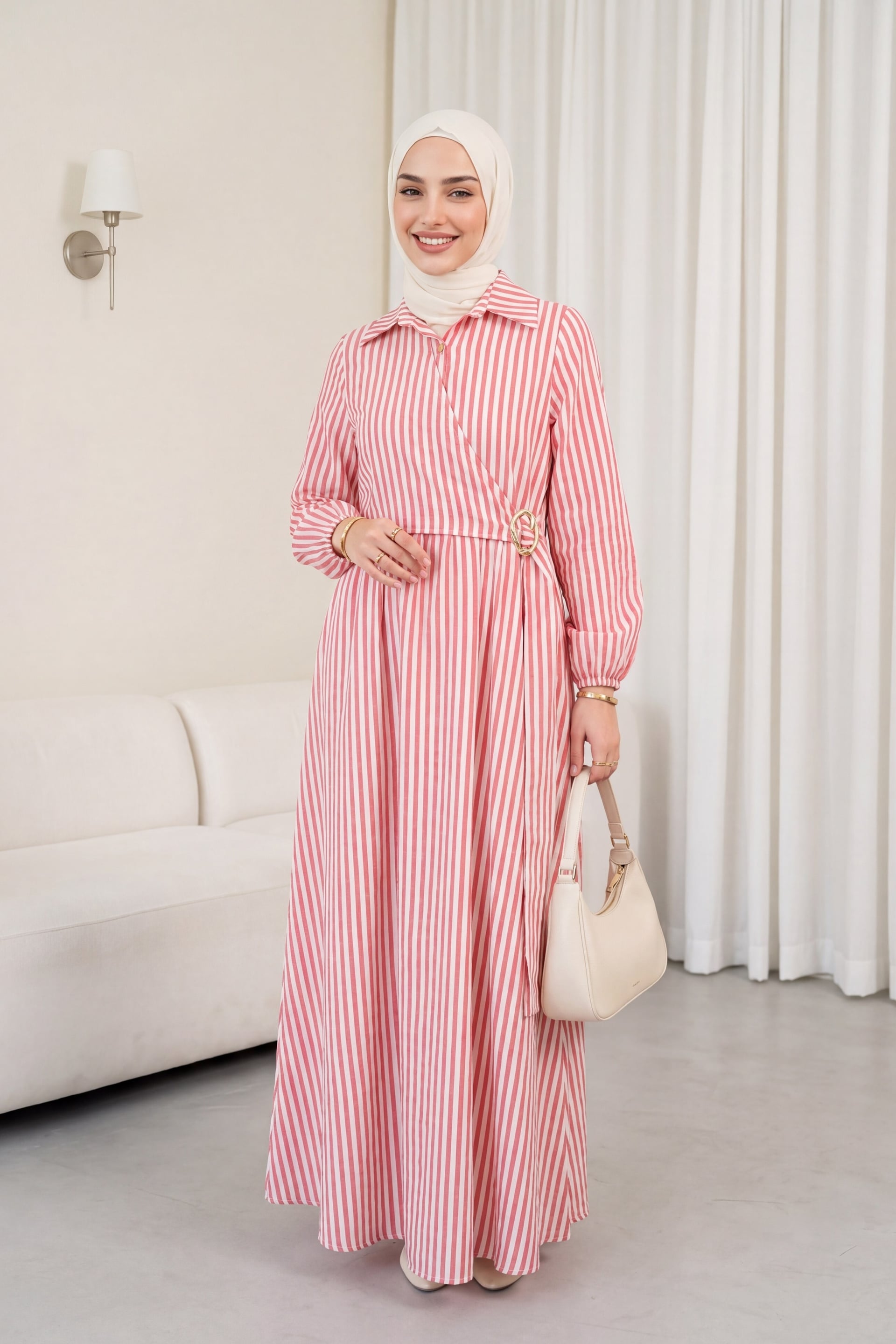 Striped Shirt-Collar Dress with Side Tie and Buckle Detail - Red - Podyumplus - by Peralane