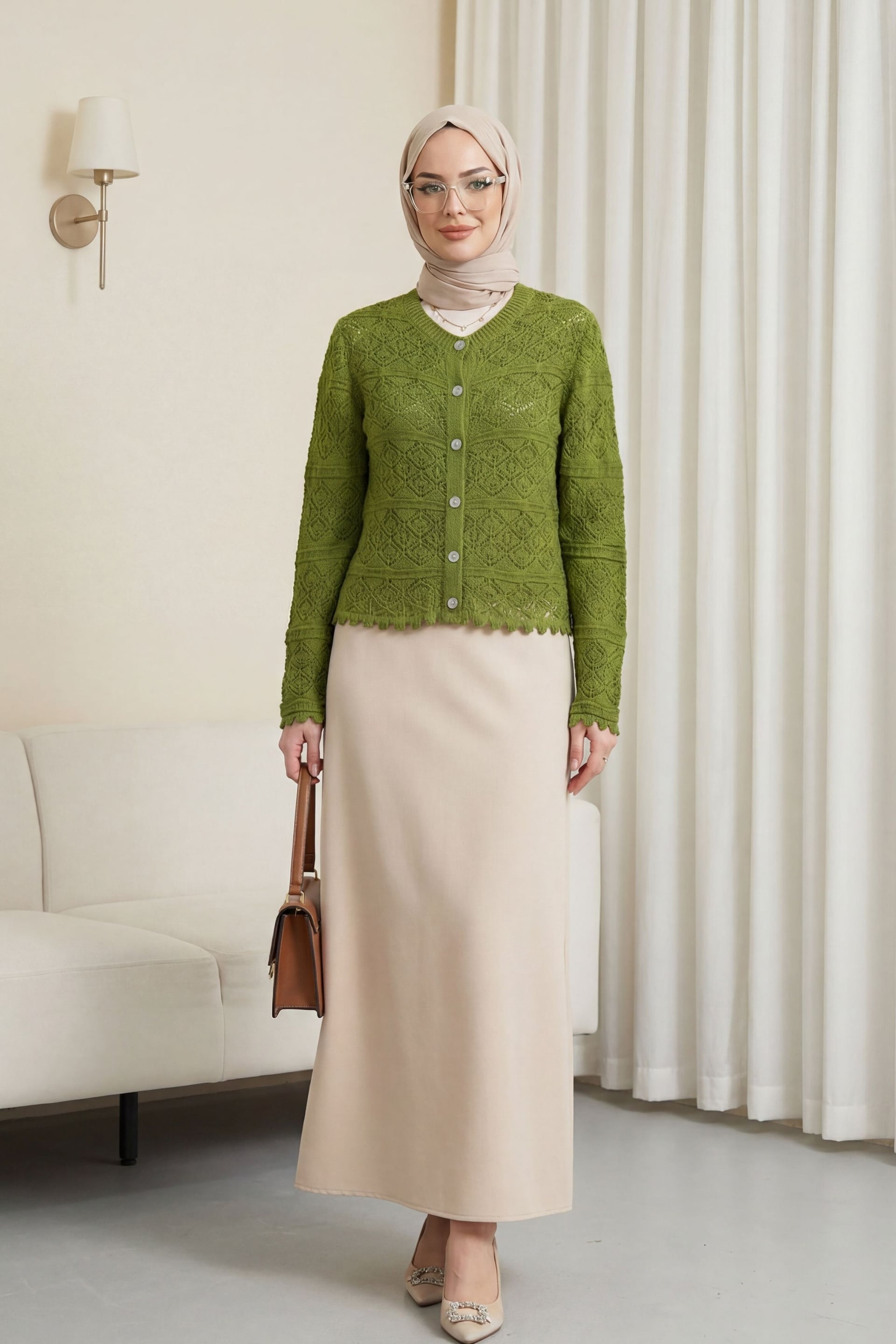 Buttoned Patterned Openwork Knit Cardigan - Khaki - Podyumplus - by Peralane - photo 3