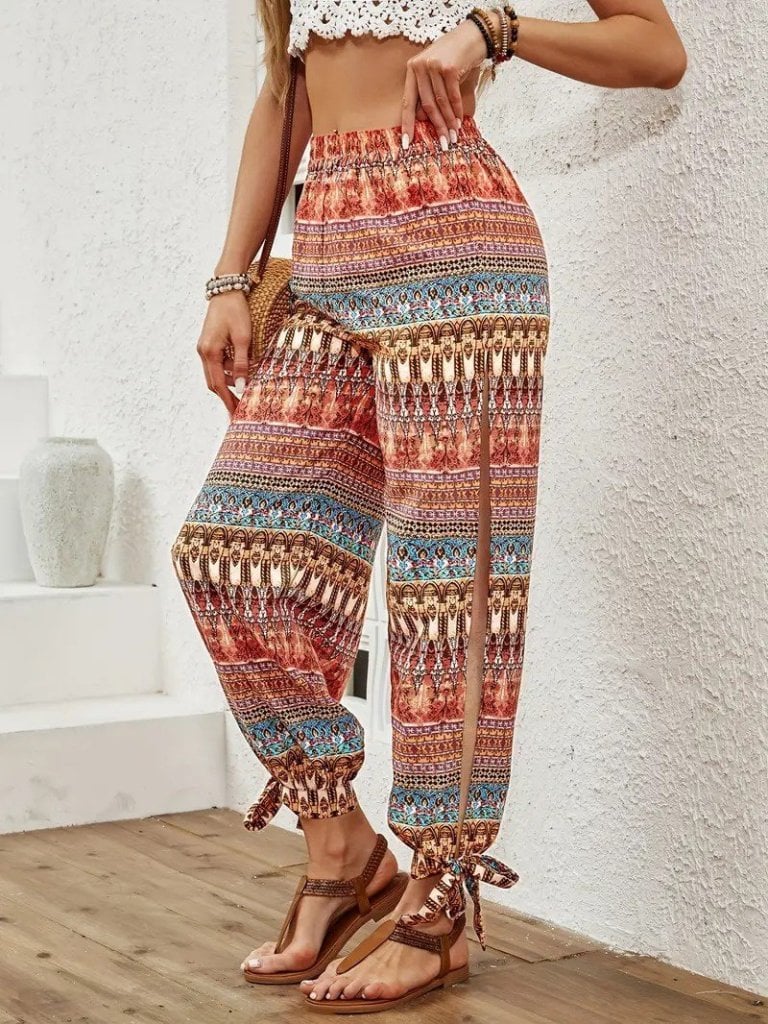 Women's High-Waisted Side-Slit Patterned Crepe Trousers - Janes - by Peralane - photo 4