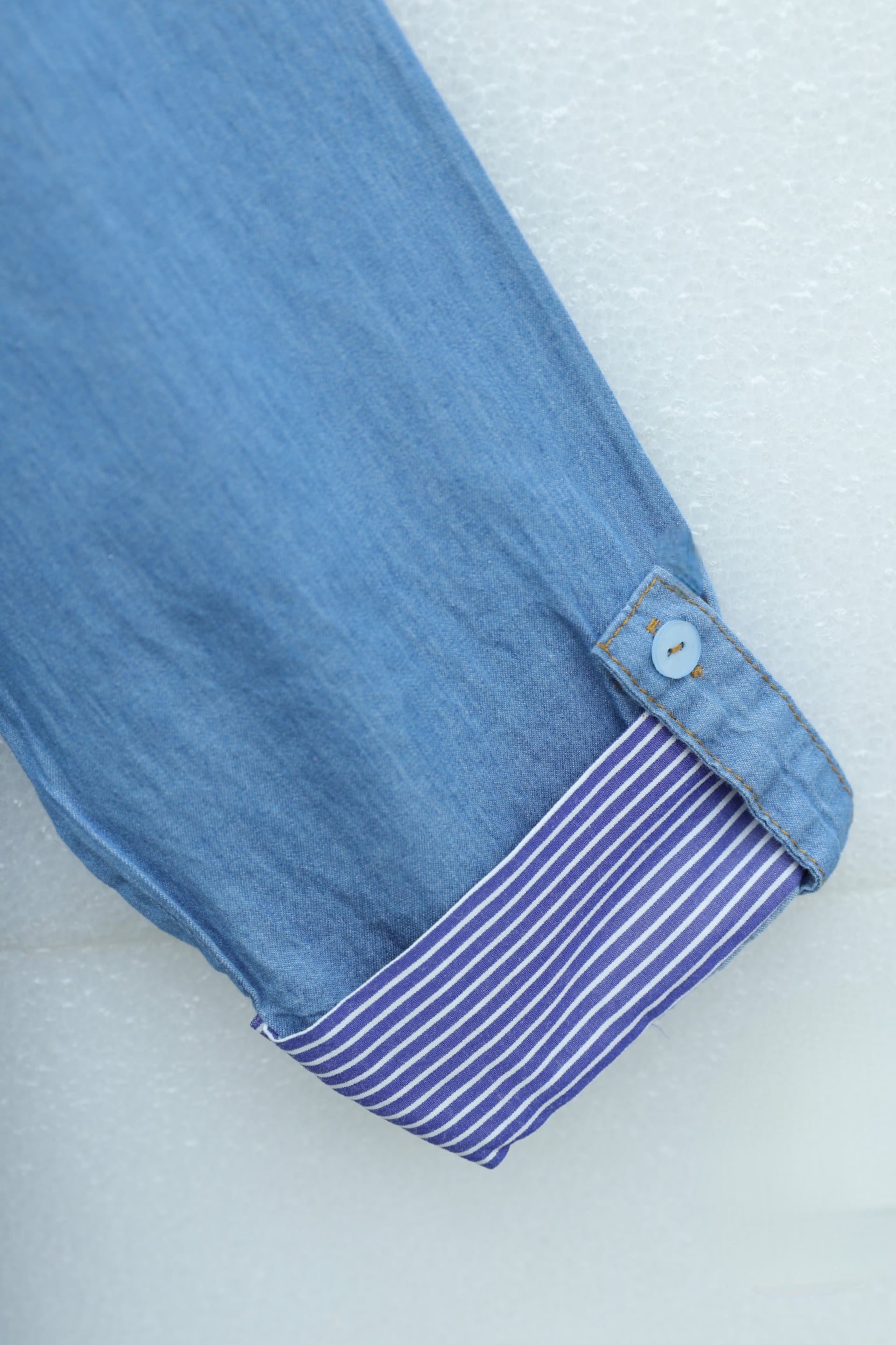 Buttoned Collar Pocket Long-Sleeve Denim Dress with Striped Cuffs - Light Blue - Podyumplus - by Peralane - photo 4