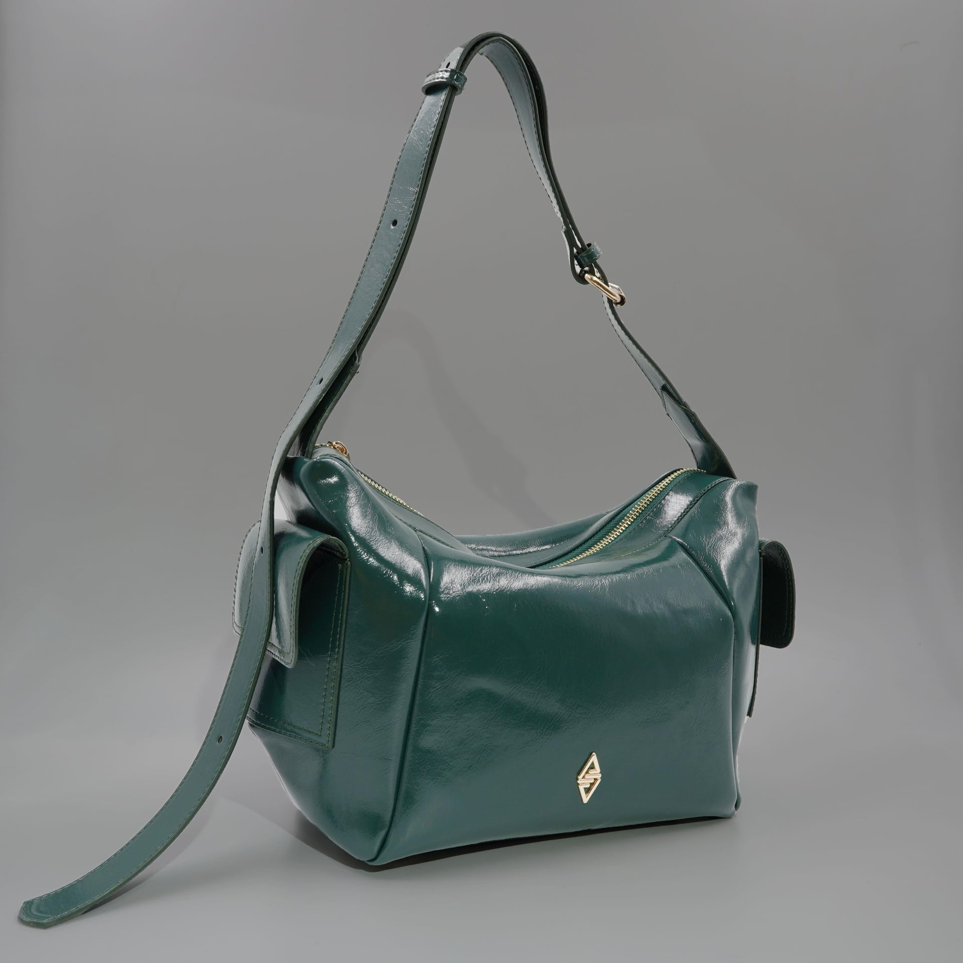Martina Green Crinkled Patent Leather Women's Shoulder and Crossbody Bag 2317 - Aron Atelier - by Peralane