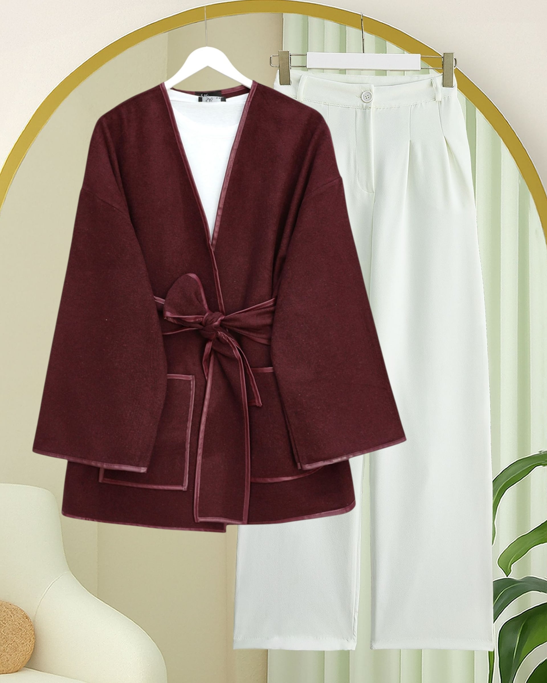 Piped Detail Double Pocket Belted Cashmere Kimono - Bordeaux - Podyumplus - by Peralane - photo 3