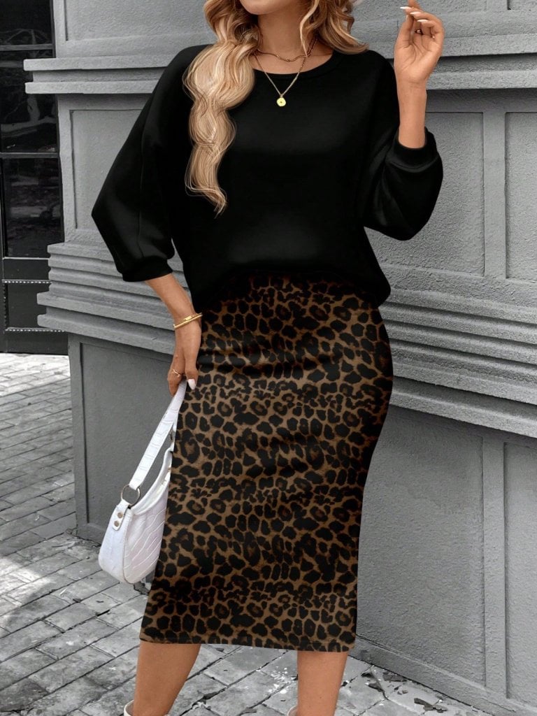 Women's Long-Sleeve Crew Neck Modal Blouse and Leopard Print Skirt Two-Piece Set - Janes - by Peralane