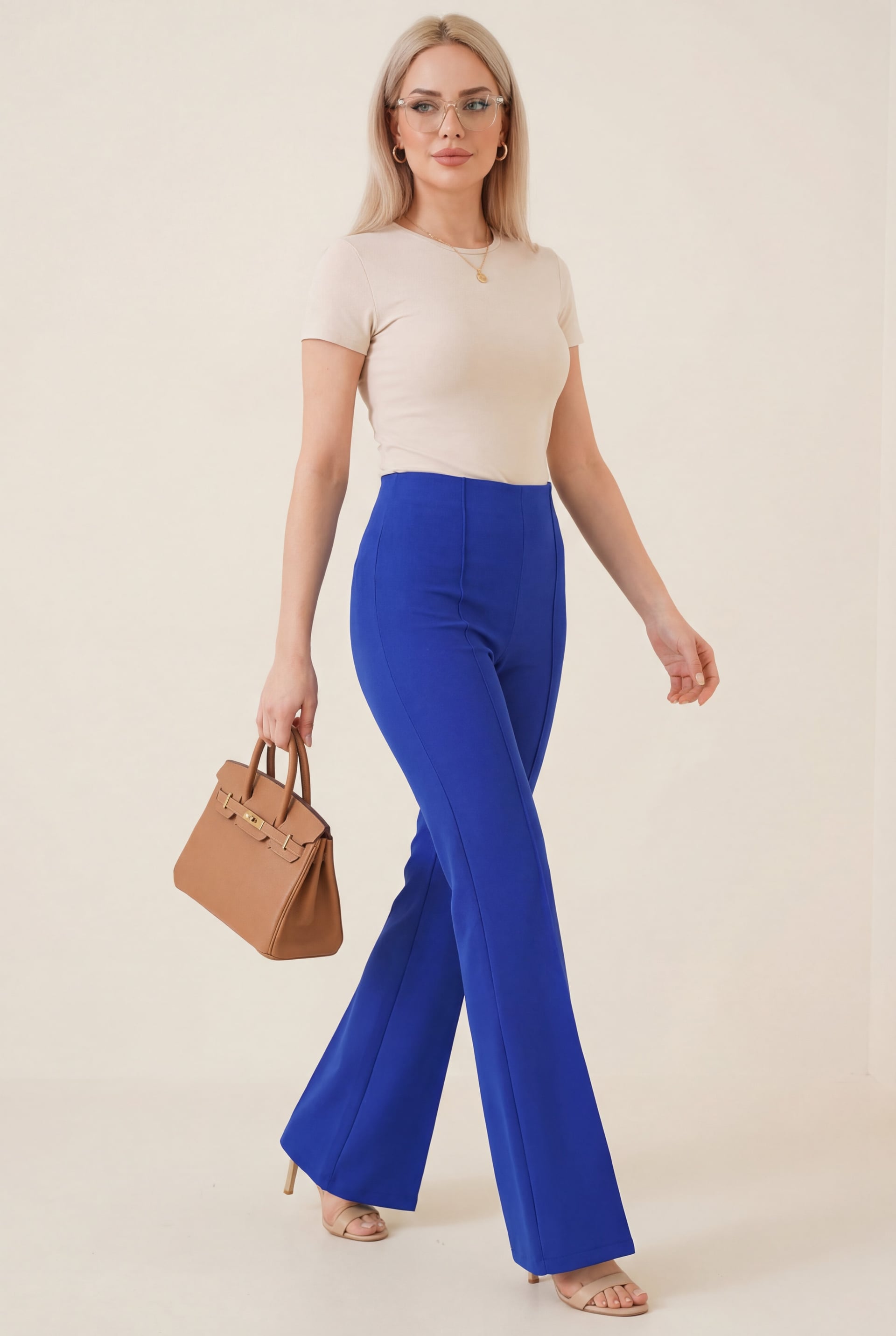 Spanish Flare Elastic Waist Stretch Trousers - Royal Blue - Podyumplus - by Peralane - photo 4