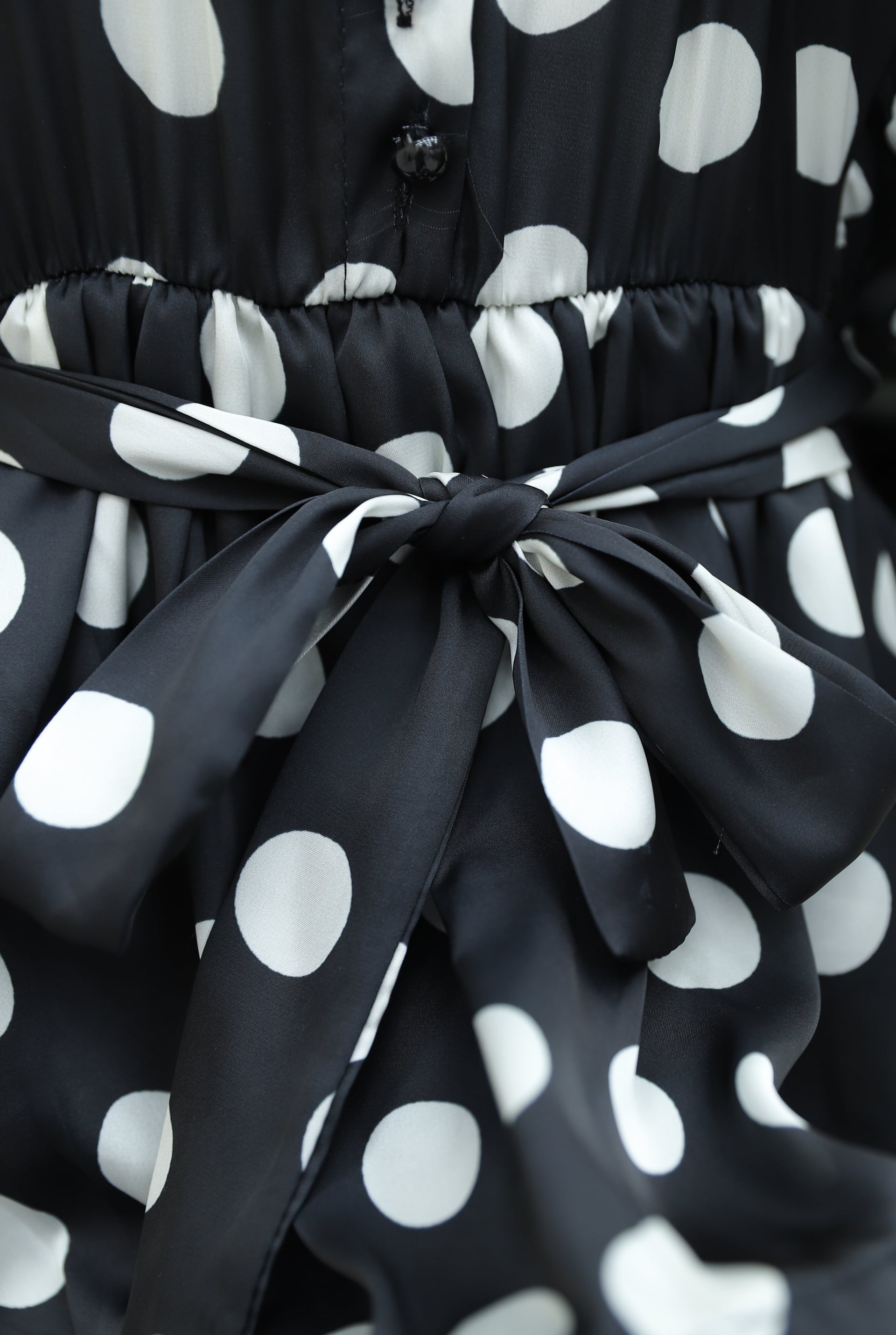 Polka Dot Tiered Button Tie Waist Batwing Sleeve Satin Dress - Black - Podyumplus - by Peralane - photo 8