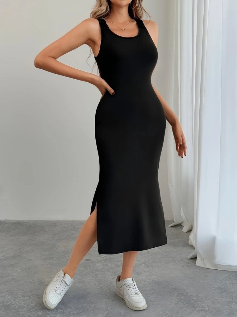 Women's Sleeveless Round Neck Side Slit Midi Dress with Crochet Back Detail - Janes - by Peralane - photo 2