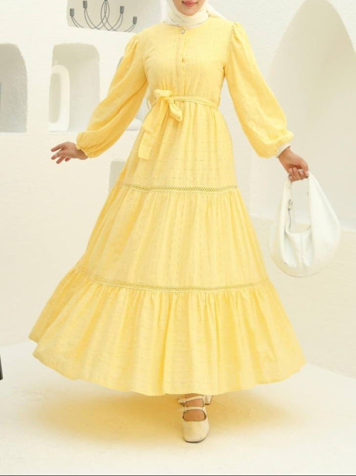 Yellow Ruffled Lace Trim Dress with Tie Belt - Podyumplus - by Peralane - photo 8