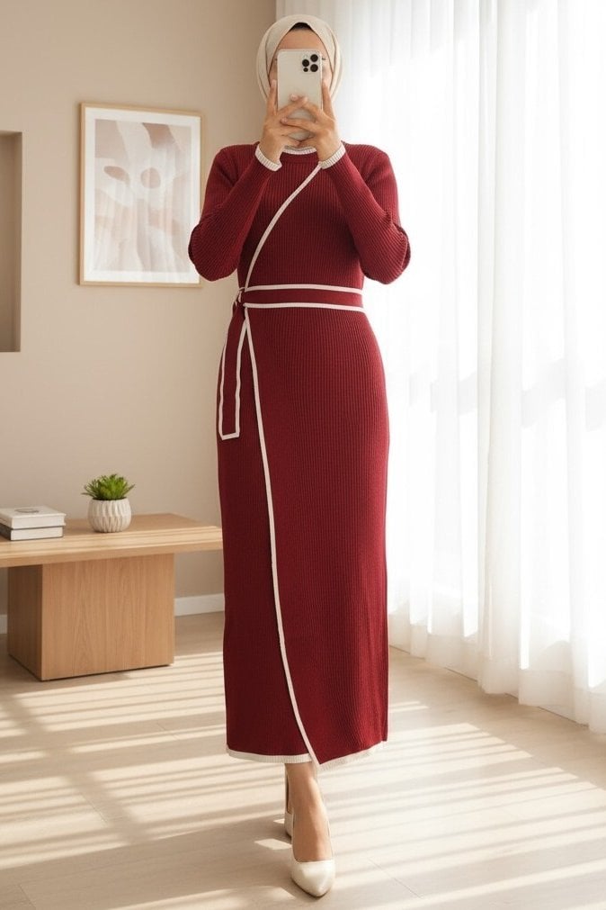 Side-Wrap Ribbed Knit Dress with Skirt Detail - Wine - Podyumplus - by Peralane