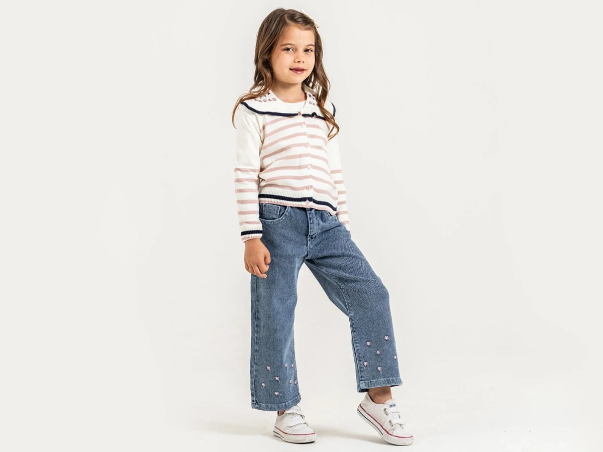 Striped Floral Embroidered Cardigan and Denim Trousers Set for Girls - Pampal Kids - by Peralane
