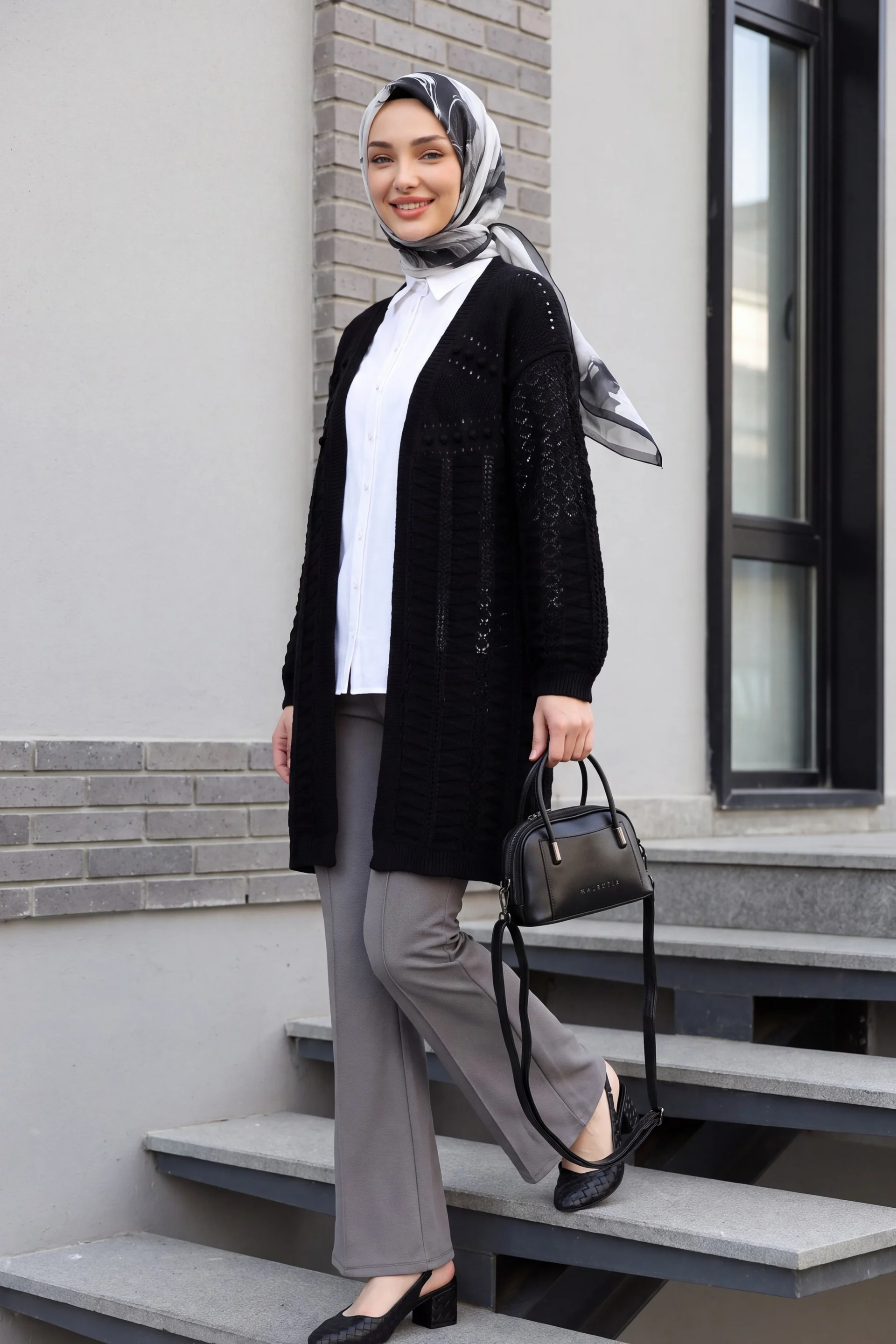 Pom-Pom Mixed Pattern Mid-Length Knit Cardigan - Black - Podyumplus - by Peralane - photo 3