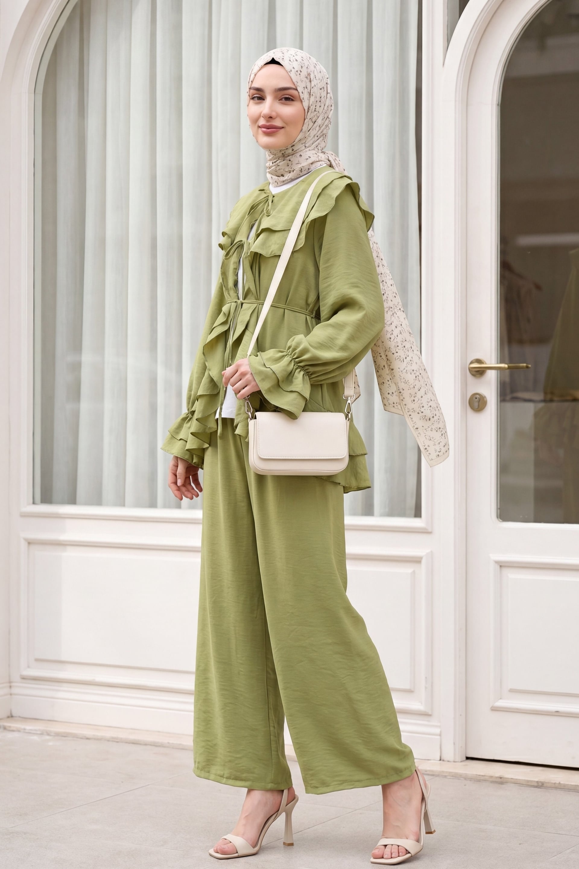 Women's Tie-Front Layered Collar Blouse and Lined Trousers Co-ord Set in Olive Green - Podyumplus - by Peralane - photo 4