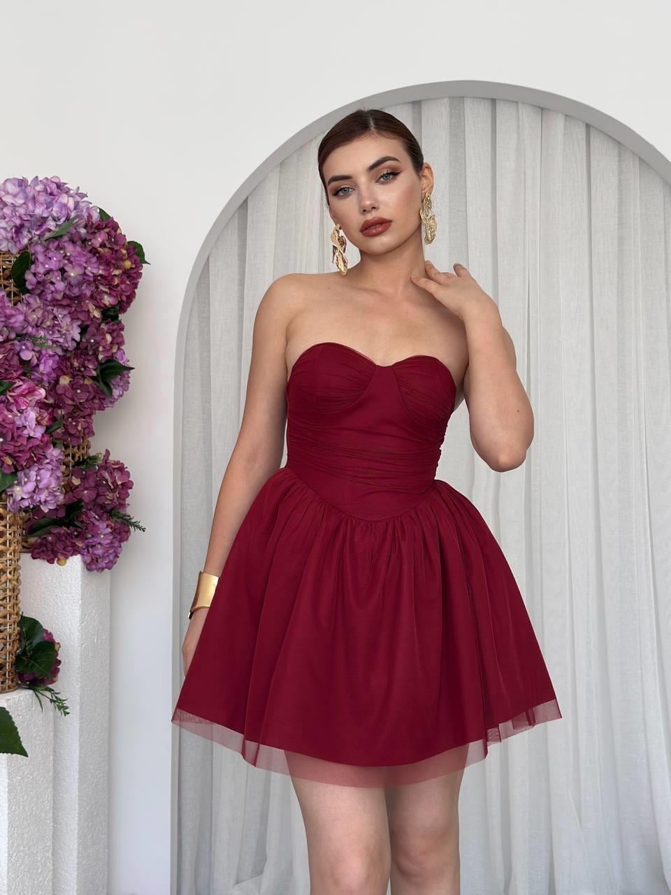 Deep Red Strapless Ruched Tulle Dress - Etika - by Peralane