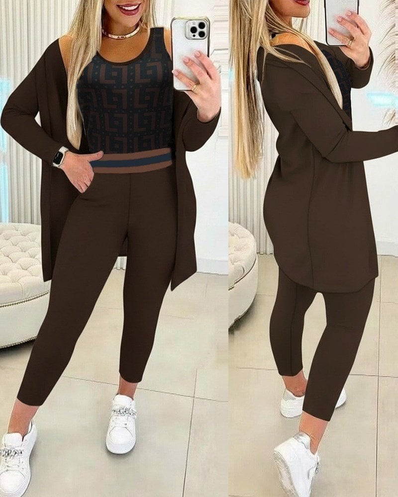 Women's Three-Piece Knit Lounge Set with Tank Top, Leggings and Cardigan - Janes - by Peralane