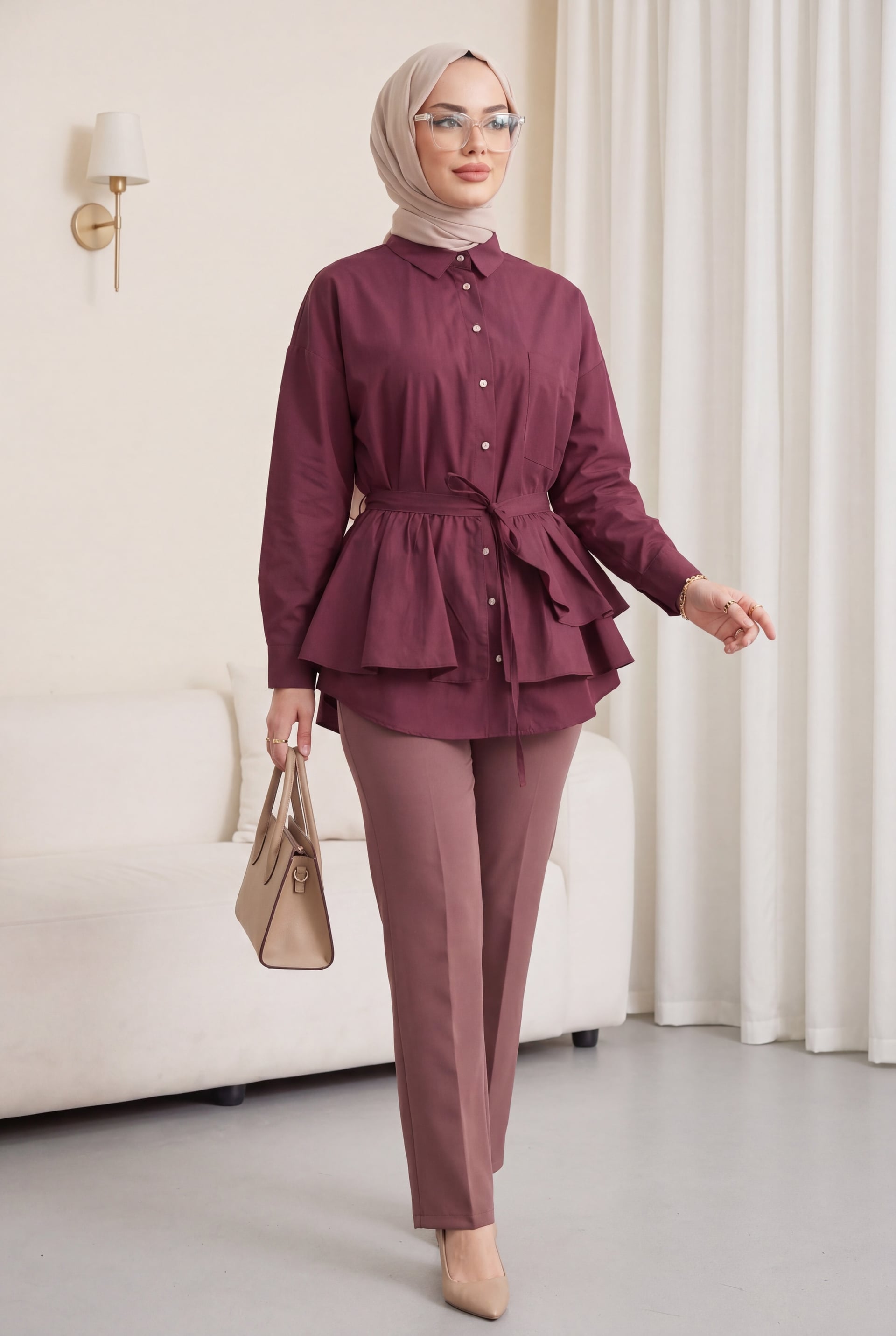 Cape Detail Buttoned Oval Cut Poplin Tunic - Burgundy - Podyumplus - by Peralane - photo 2