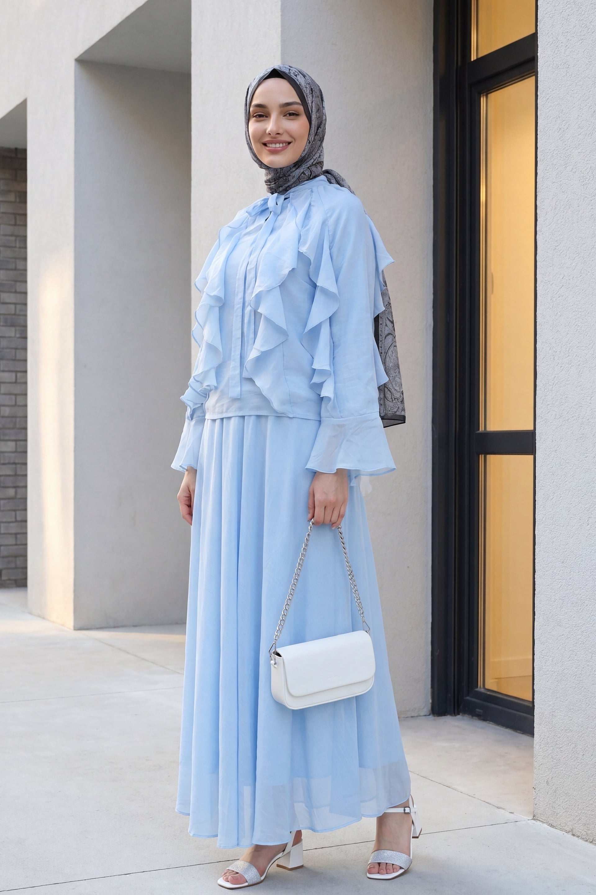Tie-Front Ruffled Lined Tulle Modal Two-Piece Set in Baby Blue - Podyumplus - by Peralane - photo 4