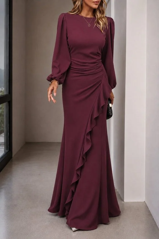 Women's Long Sleeve Round Neck Ruffled Front Long Crepe Dress - Janes - by Peralane