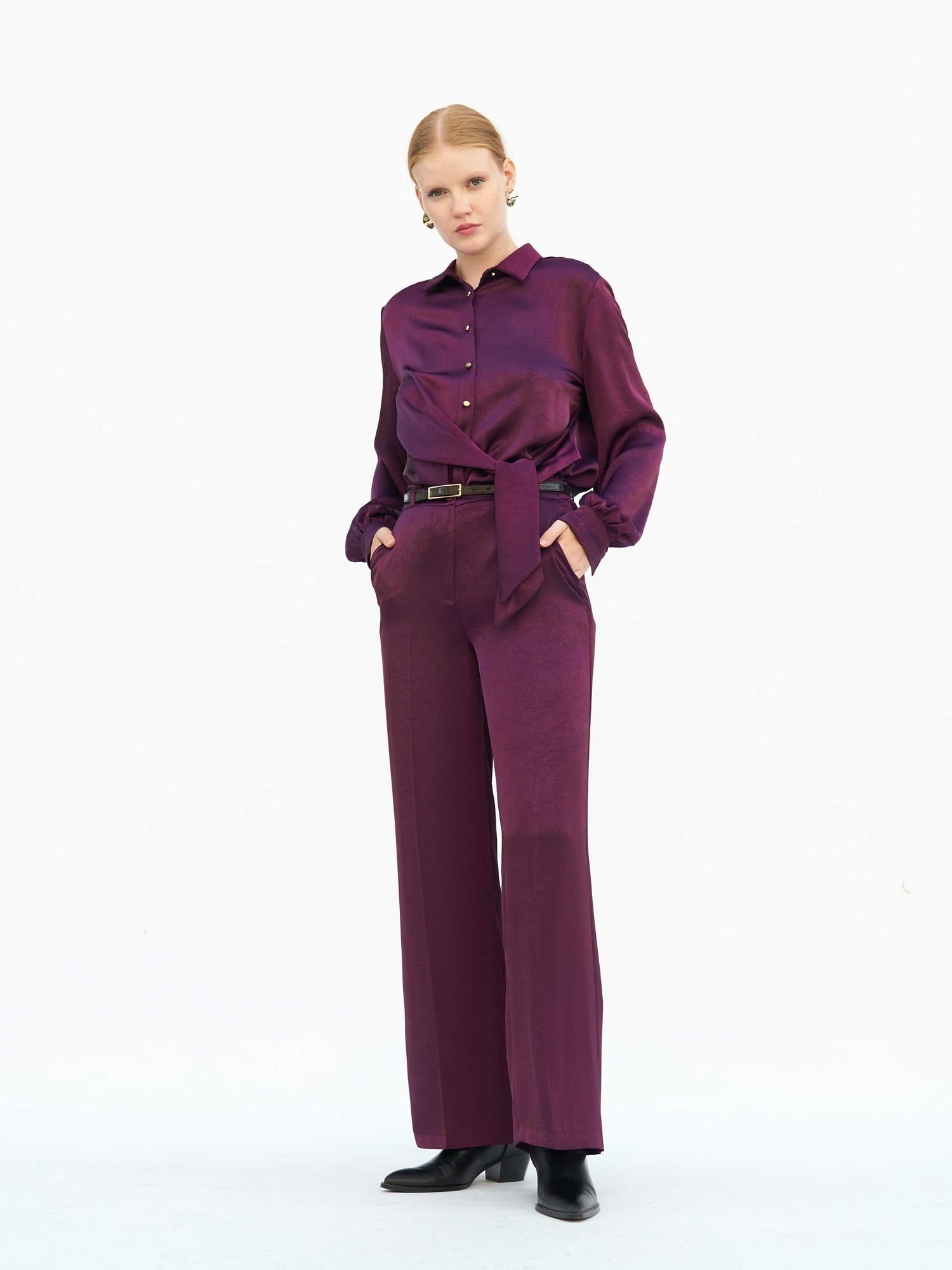 Plum Satin Wide-Leg Trousers with Belt - Lefon - by Peralane - photo 4