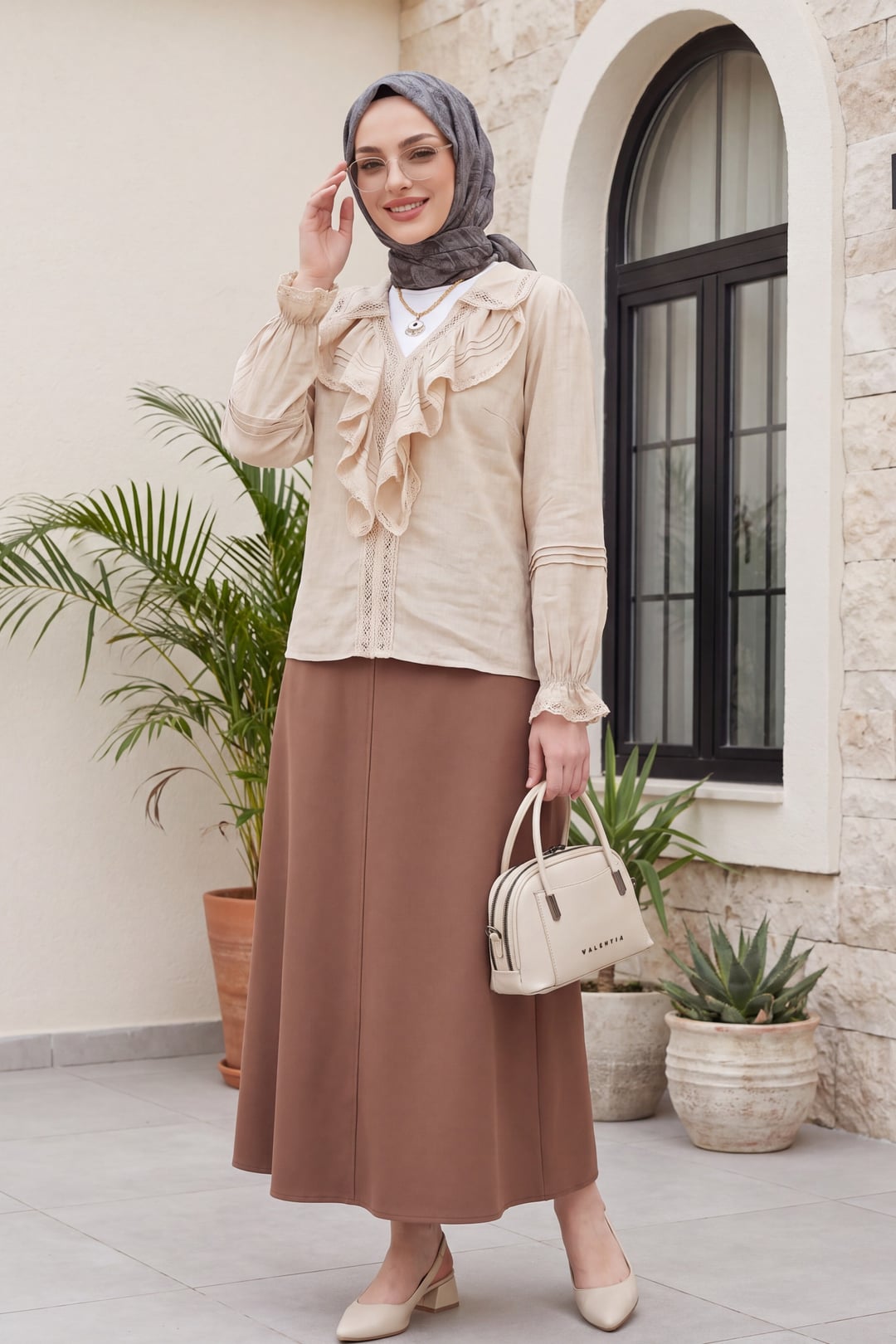 Beige Ruffled V-Neck Blouse - Podyumplus - by Peralane - photo 3