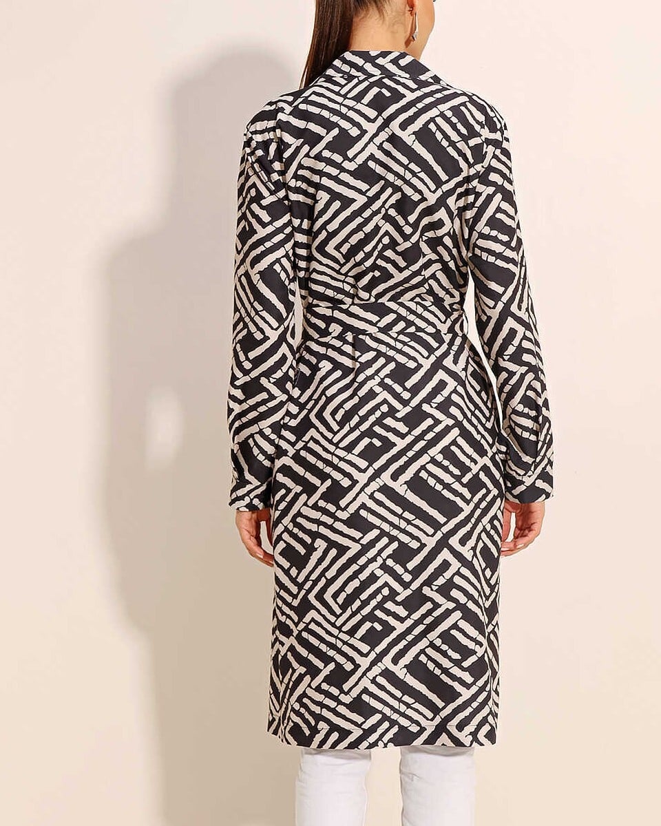 Black and Cream Abstract Print Double-Breasted Belted Trench Coat - Bigdart - by Peralane - photo 9