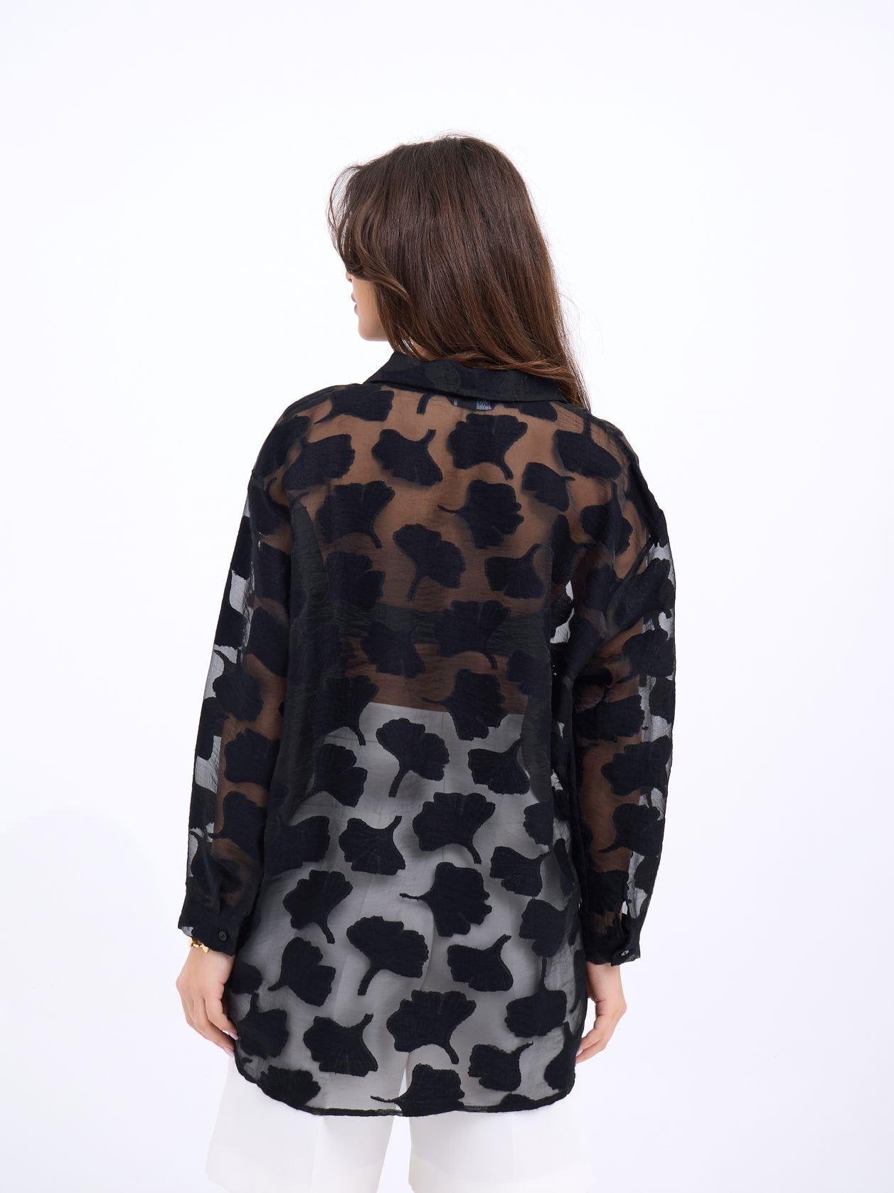 Sheer Black Floral Burnout Blouse with Collar and Long Sleeves - Fame - by Peralane - photo 3