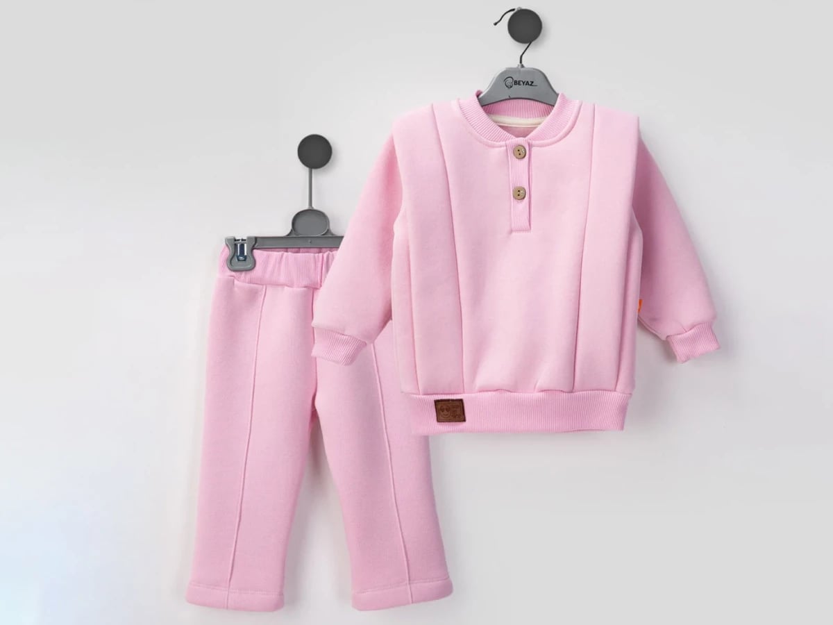 Girls' Striped Crewneck Sweatshirt and Trousers Set - Pink - Beyaz Bebek - by Peralane