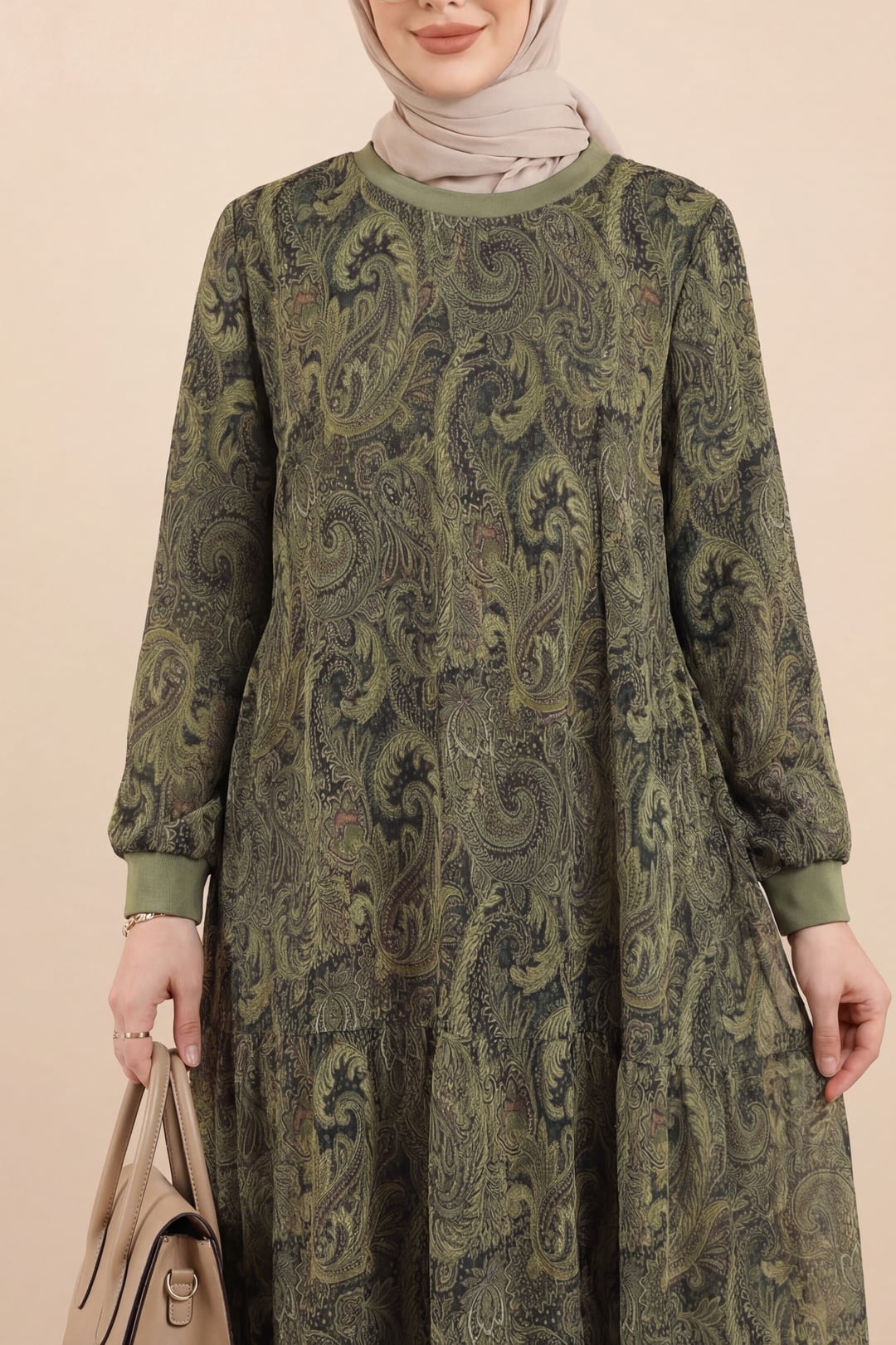 Ethnic Print Layered Chiffon Dress - Olive Green - Podyumplus - by Peralane - photo 2