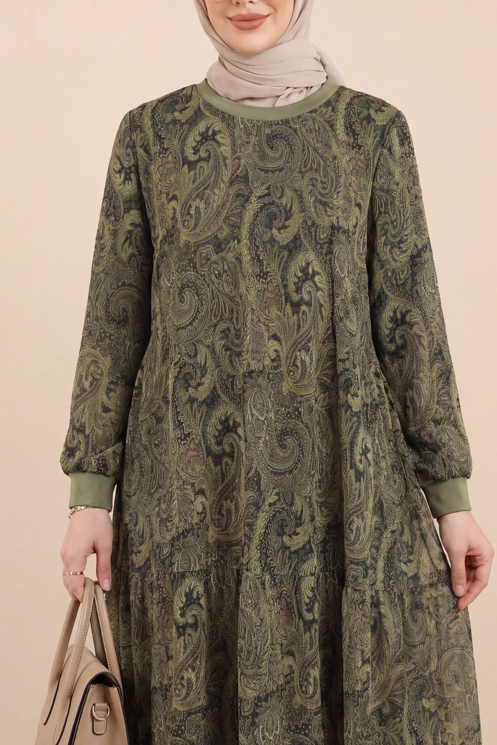 Ethnic Print Layered Chiffon Dress - Olive Green - Podyumplus - by Peralane - photo 2