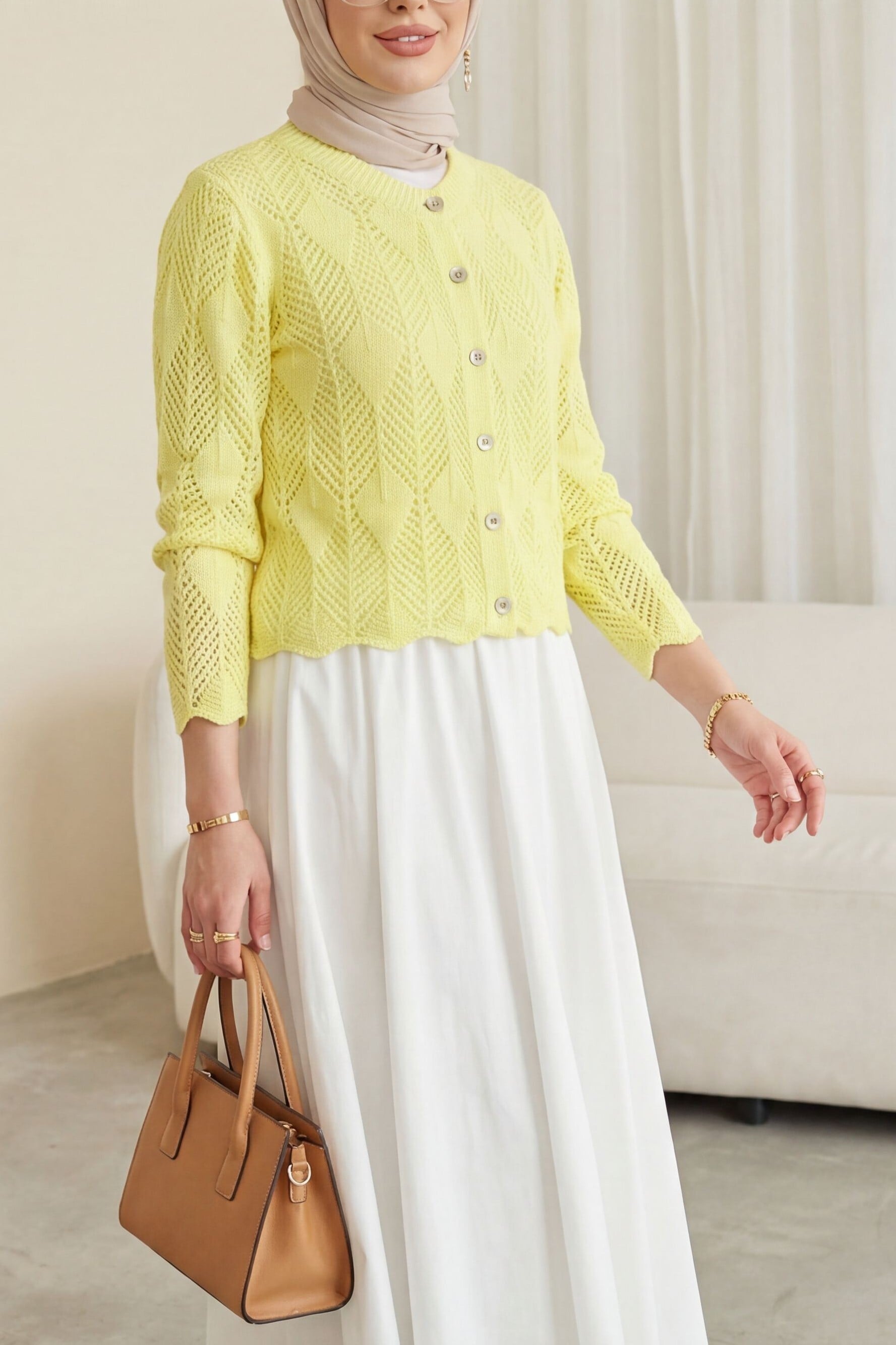 Leaf Pattern Crochet Knit Cardigan - Yellow - Podyumplus - by Peralane