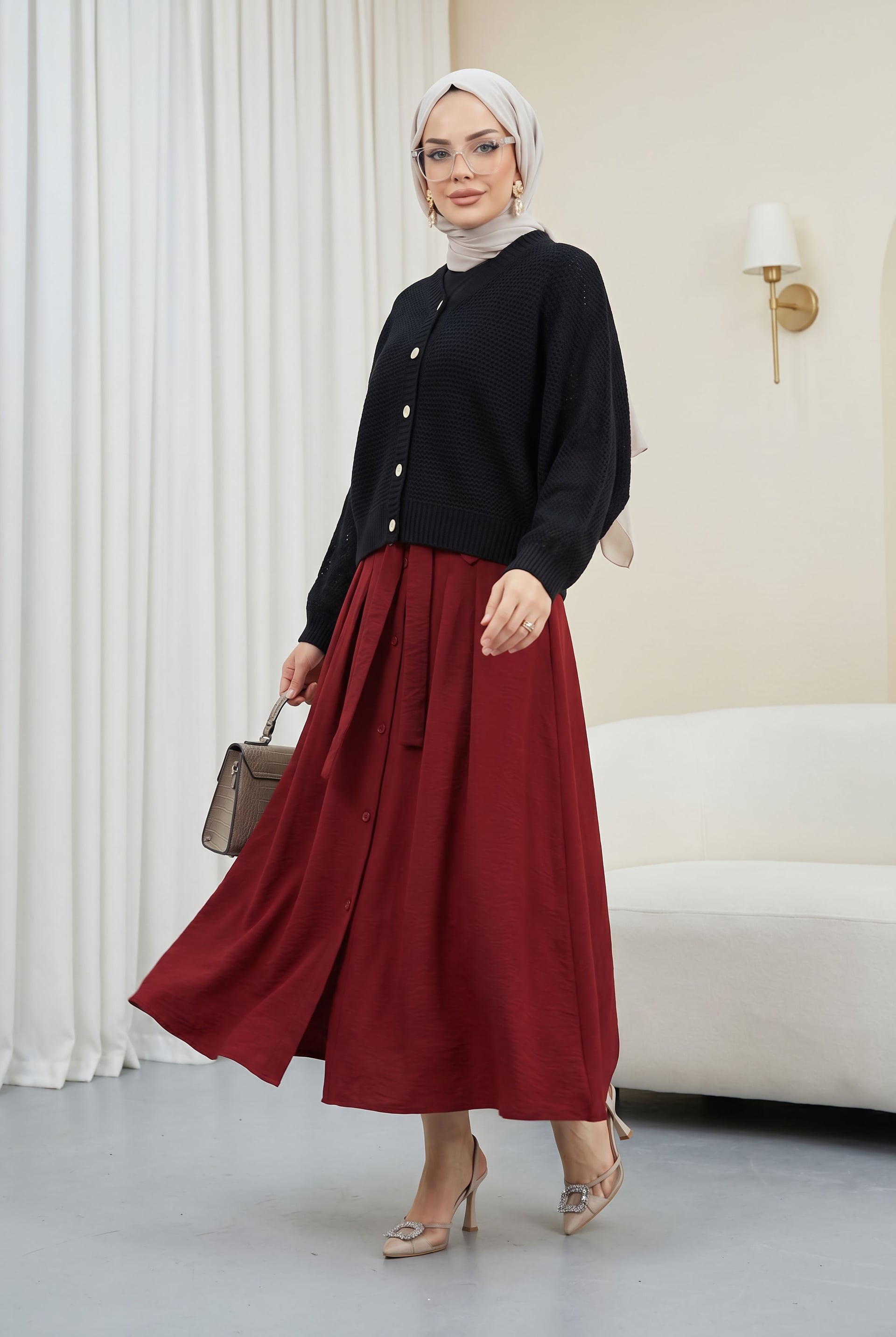 Black Lace-Knit Batwing Cardigan with Burgundy Maxi Skirt Set - Podyumplus - by Peralane