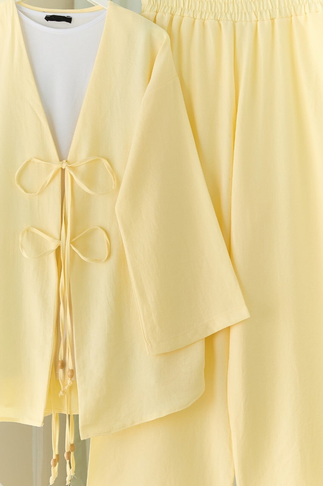 Pale Yellow Kimono Set with Wide-Leg Pants for Women - Podyumplus - by Peralane - photo 5