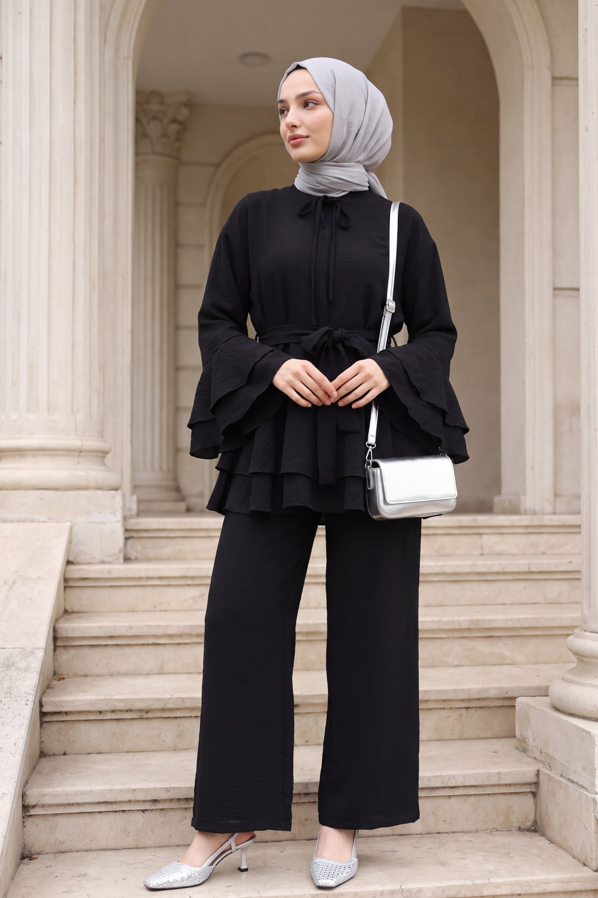 Women's Black Jacquard Waffle Co-ord Set with Flared Sleeve Cuffs, Wide-Leg Trousers and Belt - Podyumplus - by Peralane - photo 2