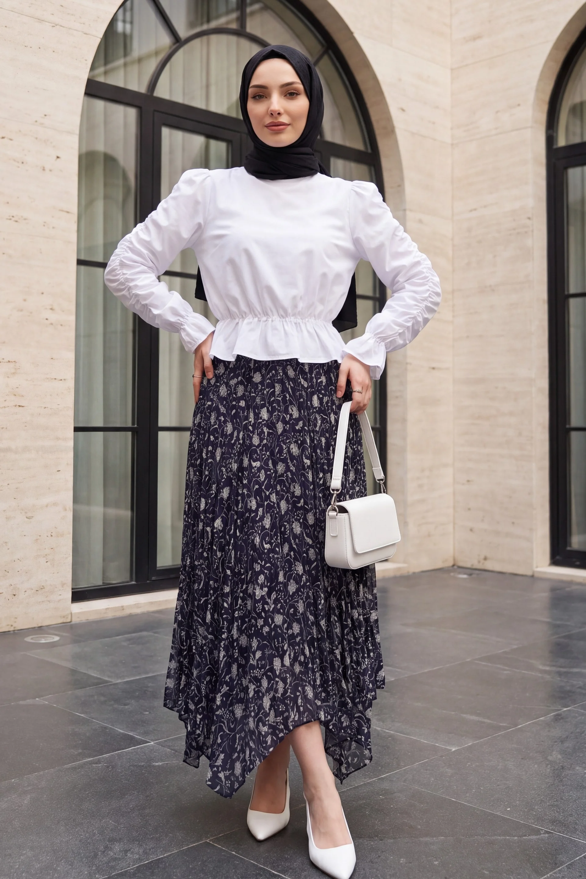 Navy Blue Mixed Print Elasticated Waist Asymmetric Lined Tulle Skirt - Podyumplus - by Peralane - photo 4