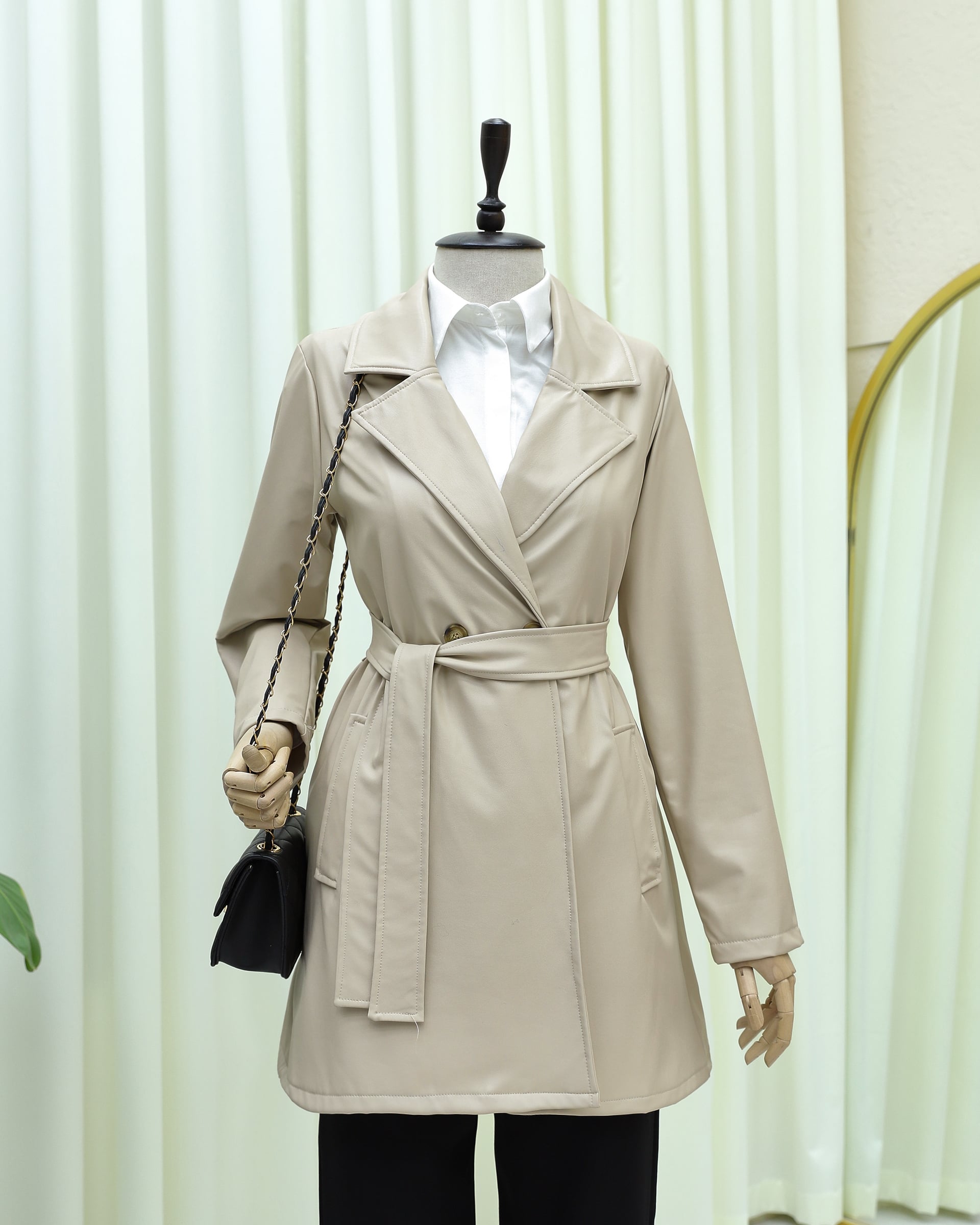 Single Button Pocket Wrap Belted Faux Leather Trench Coat - Cream - Podyumplus - by Peralane - photo 2