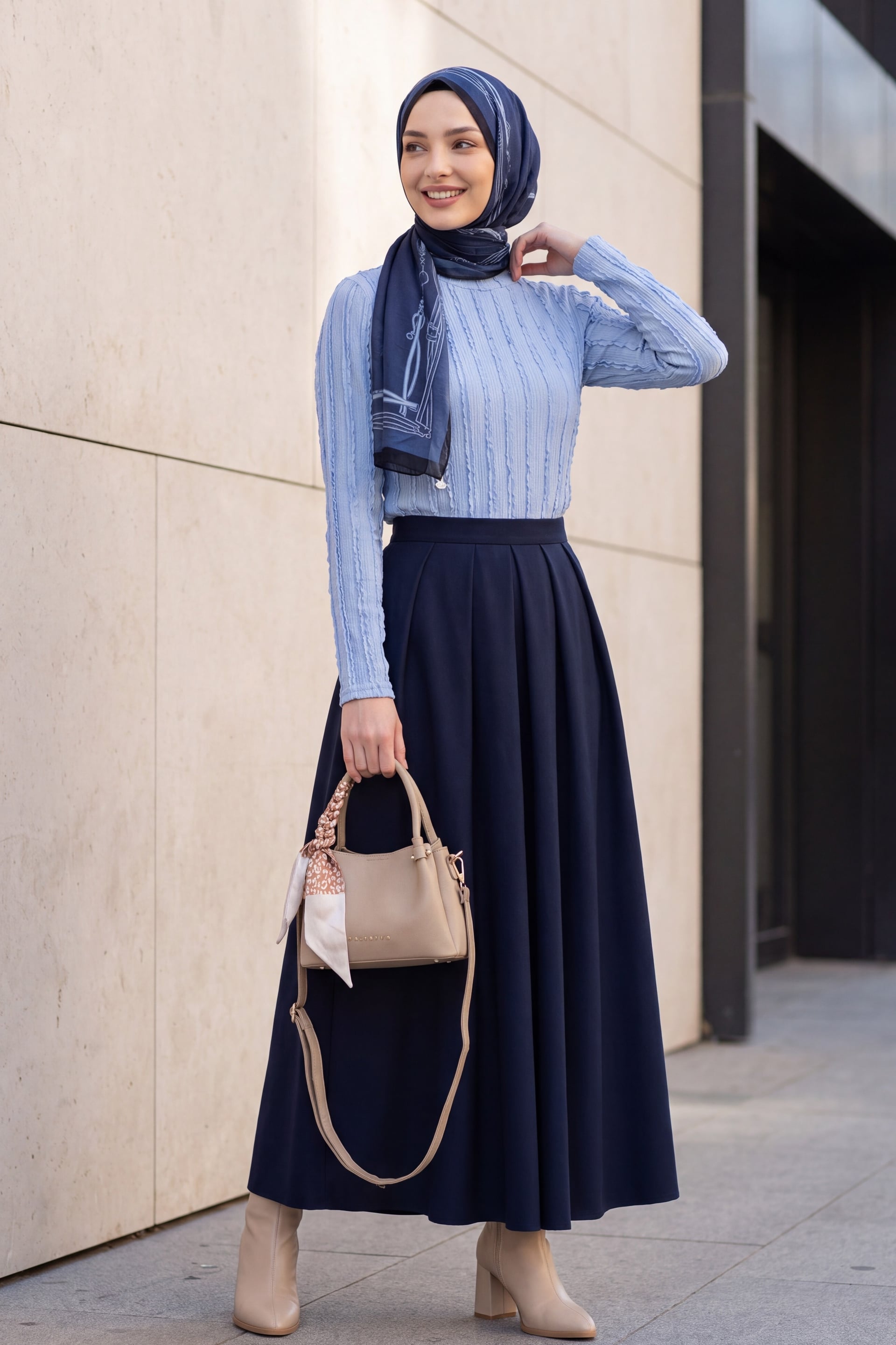 Women's Light Blue Textured Knit Blouse with Navy Pleated Skirt Set - Wholeskop - by Peralane - photo 2