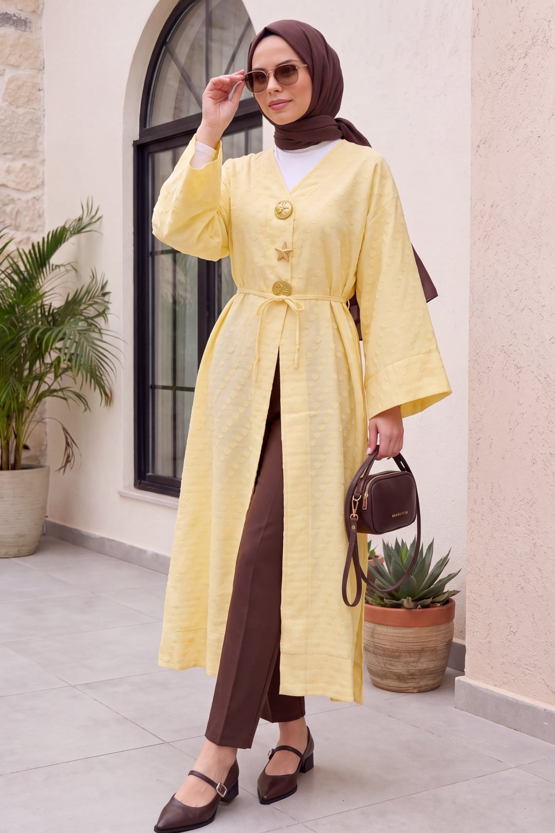 Brooch Detail Side Slit Jacquard Kimono - Yellow - Podyumplus - by Peralane