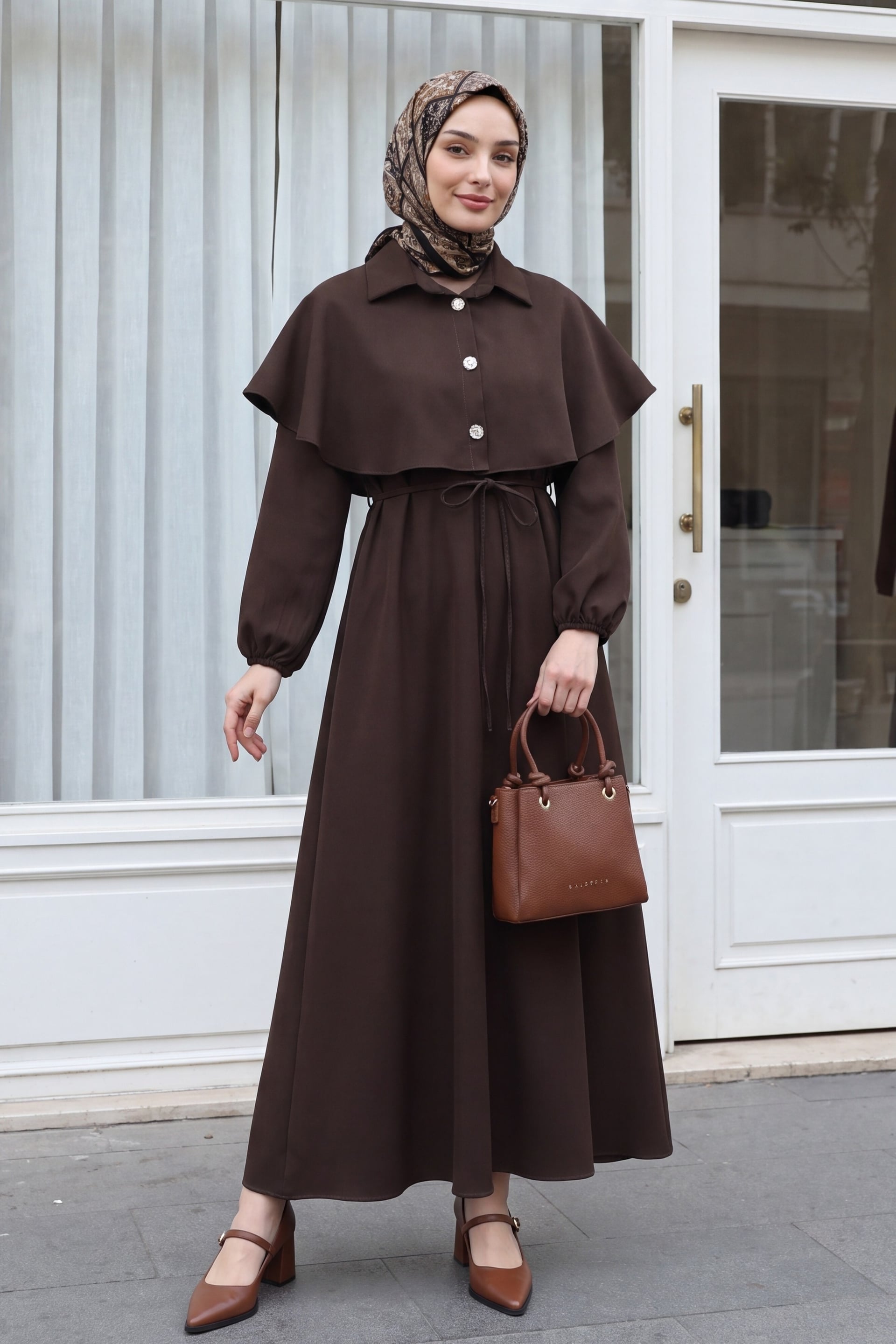 Collar Cape Detail Belted Elastic Cuff Crepe Dress - Brown - Podyumplus - by Peralane - photo 2