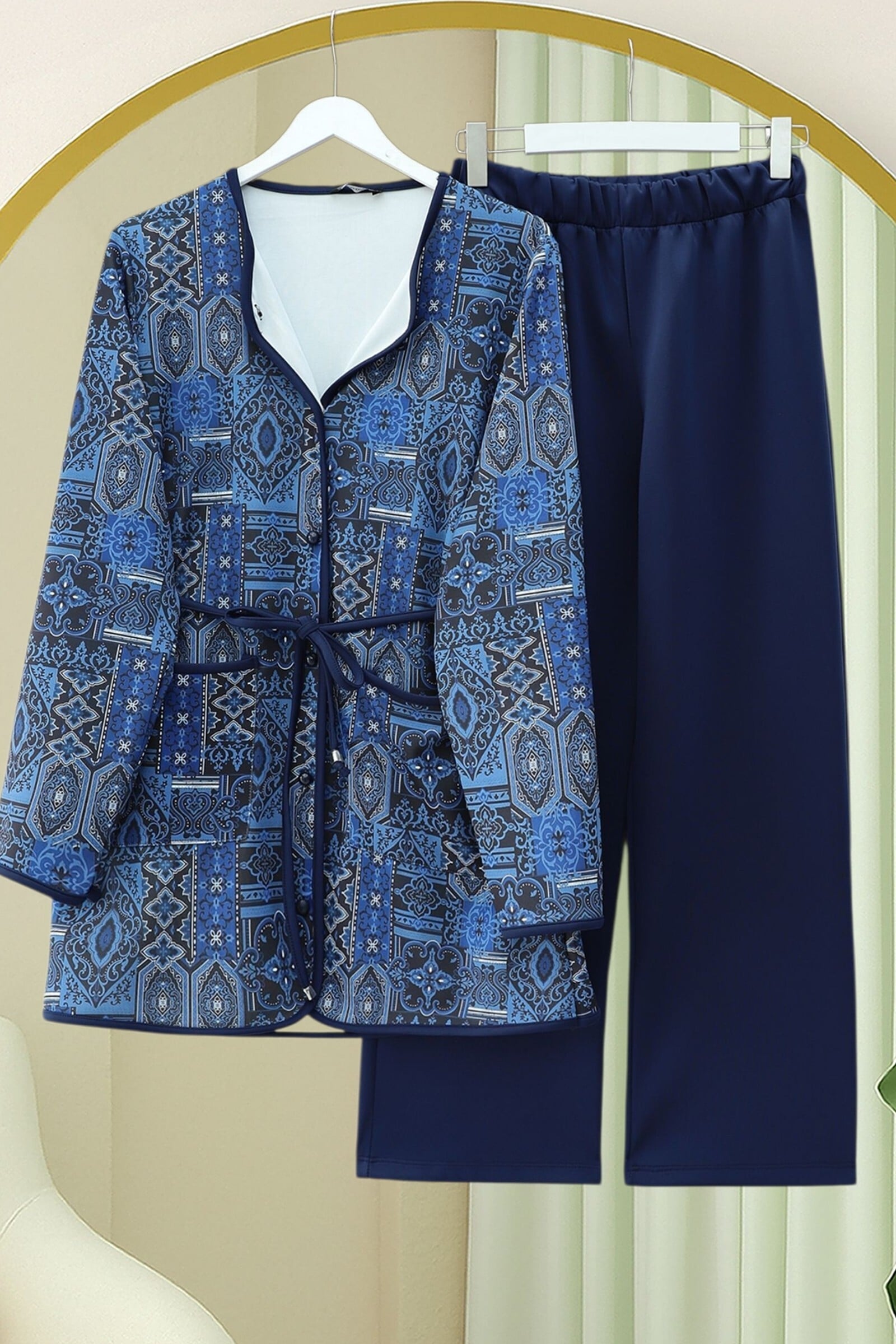 Tie-Waist Double-Pocket Patterned Scuba Suit - Navy - Podyumplus - by Peralane - photo 3