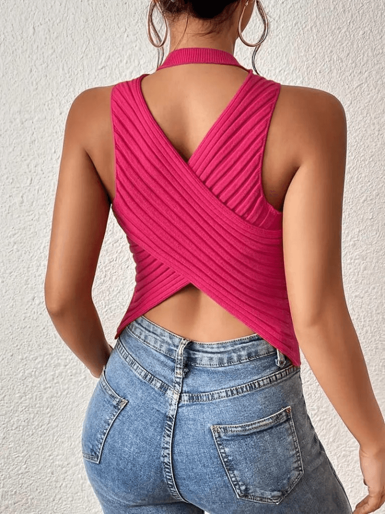 Women's Sleeveless Criss-Cross Back Ribbed Knit Crop Top - Janes - by Peralane