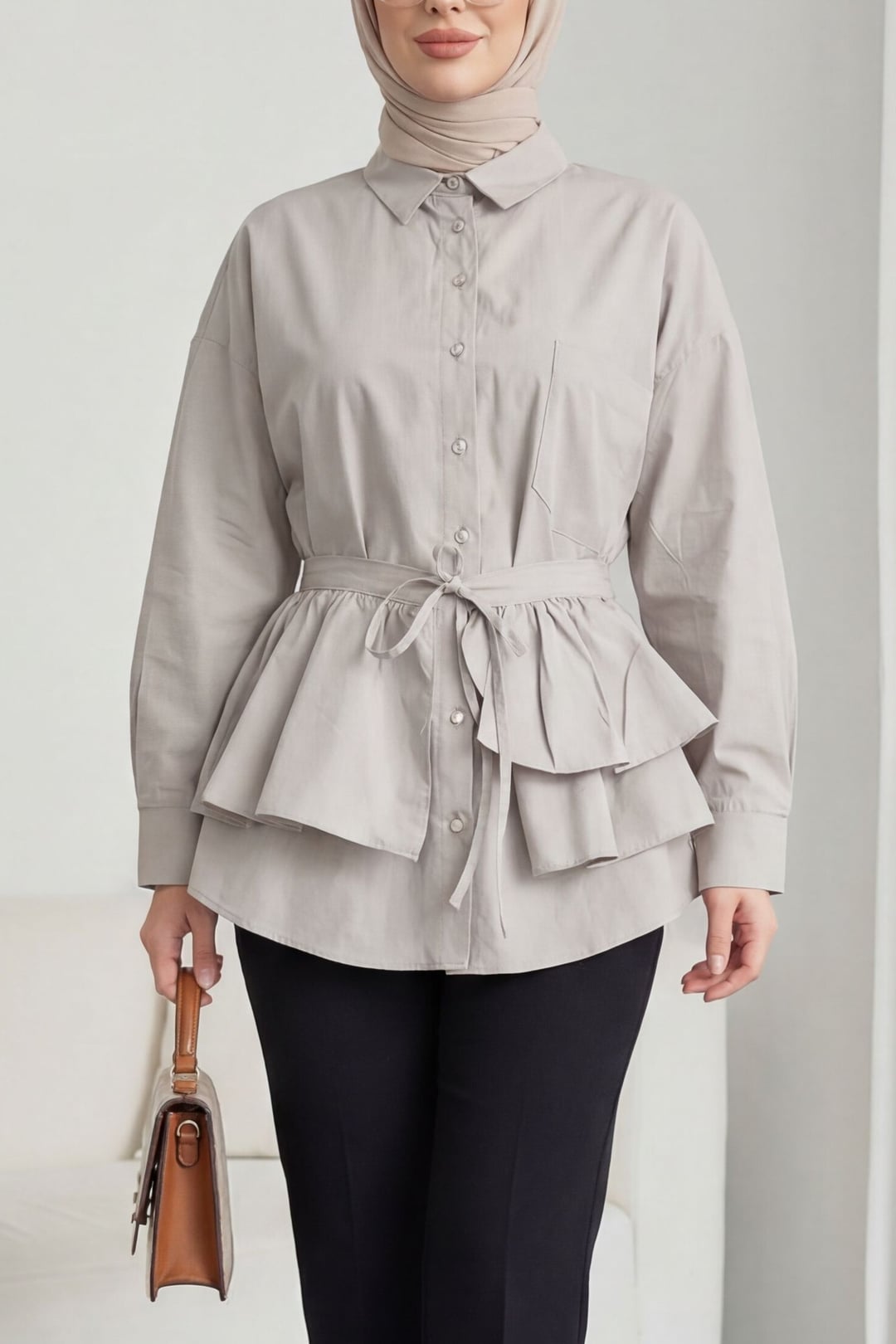 Cape Detail Buttoned Oval Cut Poplin Tunic in Stone - Podyumplus - by Peralane