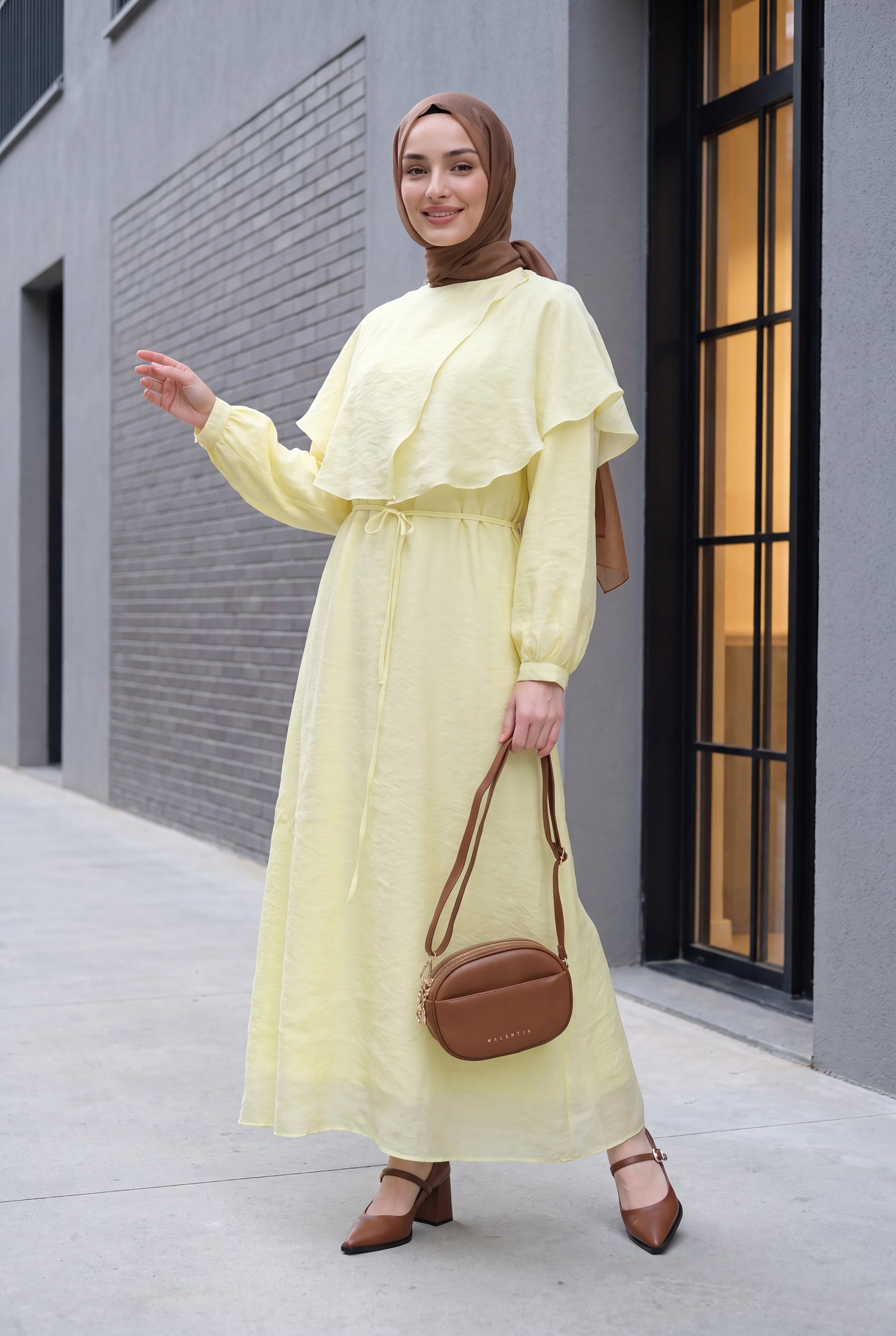 Yellow Tulle Modal Dress with Cape Collar and Belt - Podyumplus - by Peralane