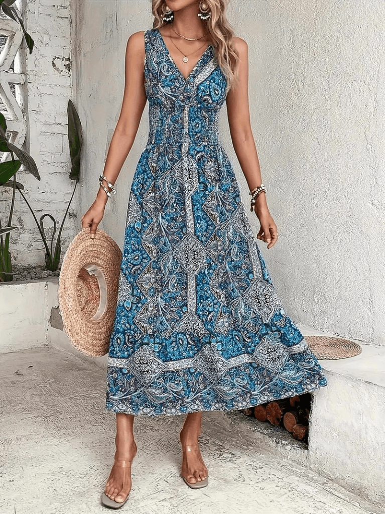 Women's Sleeveless V-Neck Maxi Dress with Shirred Waist and Paisley Print - Janes - by Peralane - photo 3