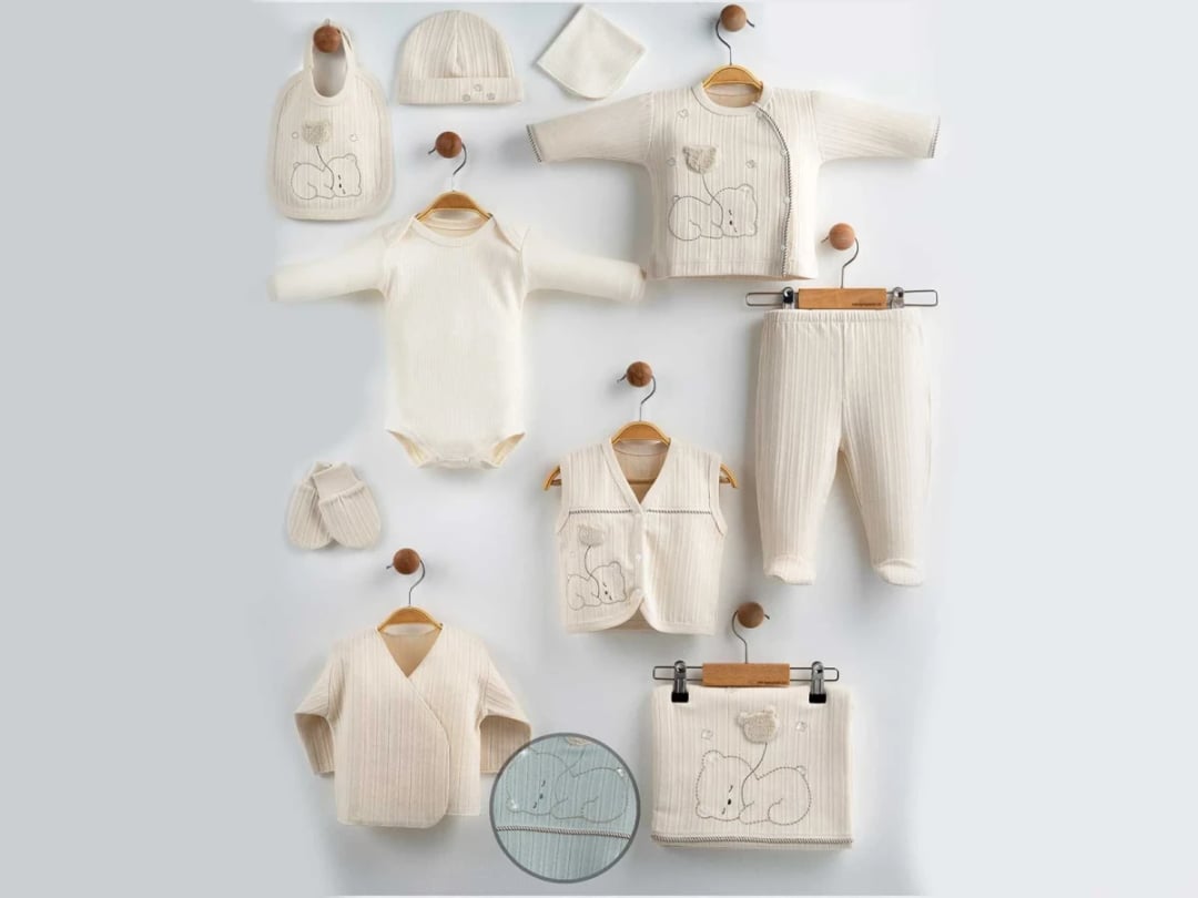 Bear Embroidered 10-Piece Boys Hospital Exit Bodysuit Set - Cream - Gaye Bebe - by Peralane