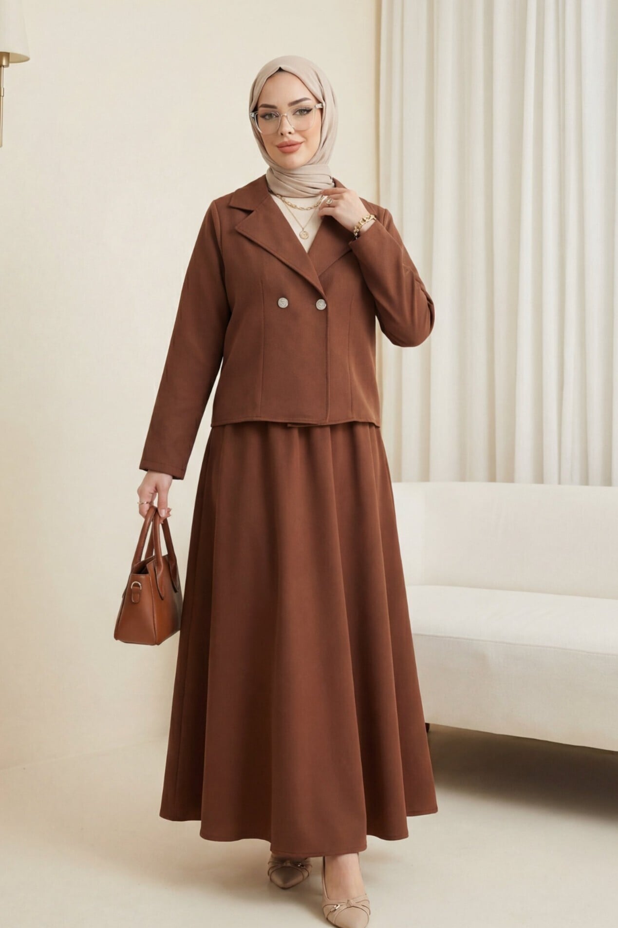 Double Breastfed Notched Lapel Blazer and Maxi Skirt Co-ord Set in Tan - Podyumplus - by Peralane
