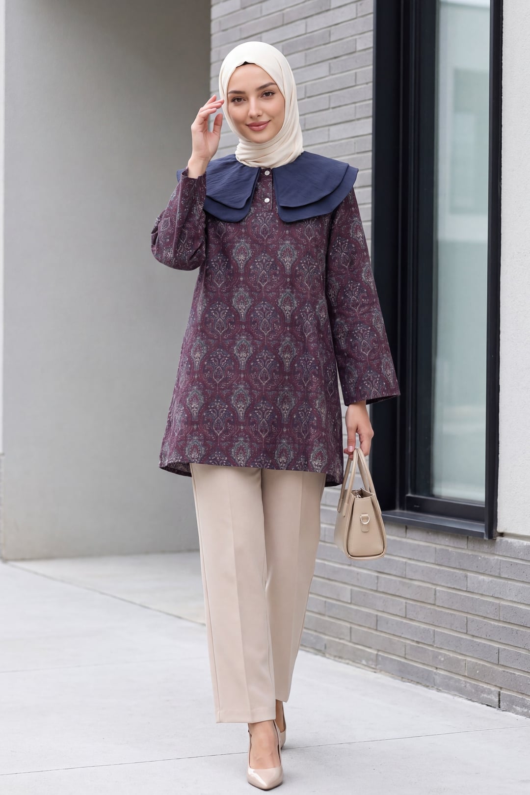 Plum Quilted Tunic with Apron Collar and Half Button Placket - Podyumplus - by Peralane - photo 3