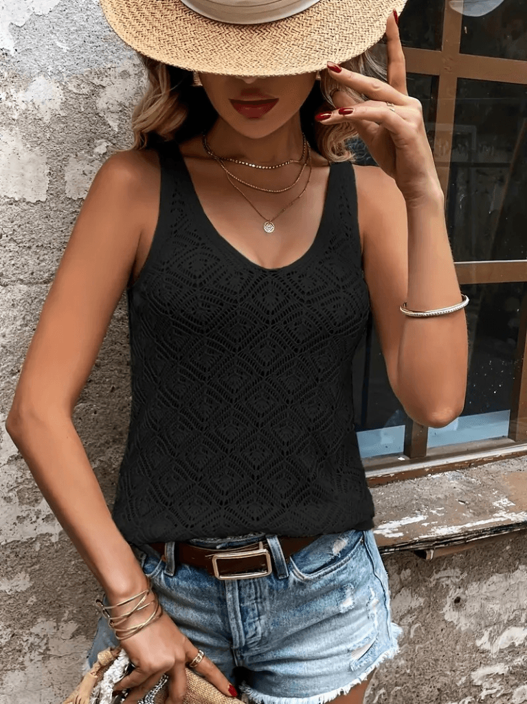 Women's Black Diamond Pattern Thick Strap Knit Tank Top - Janes - by Peralane - photo 3